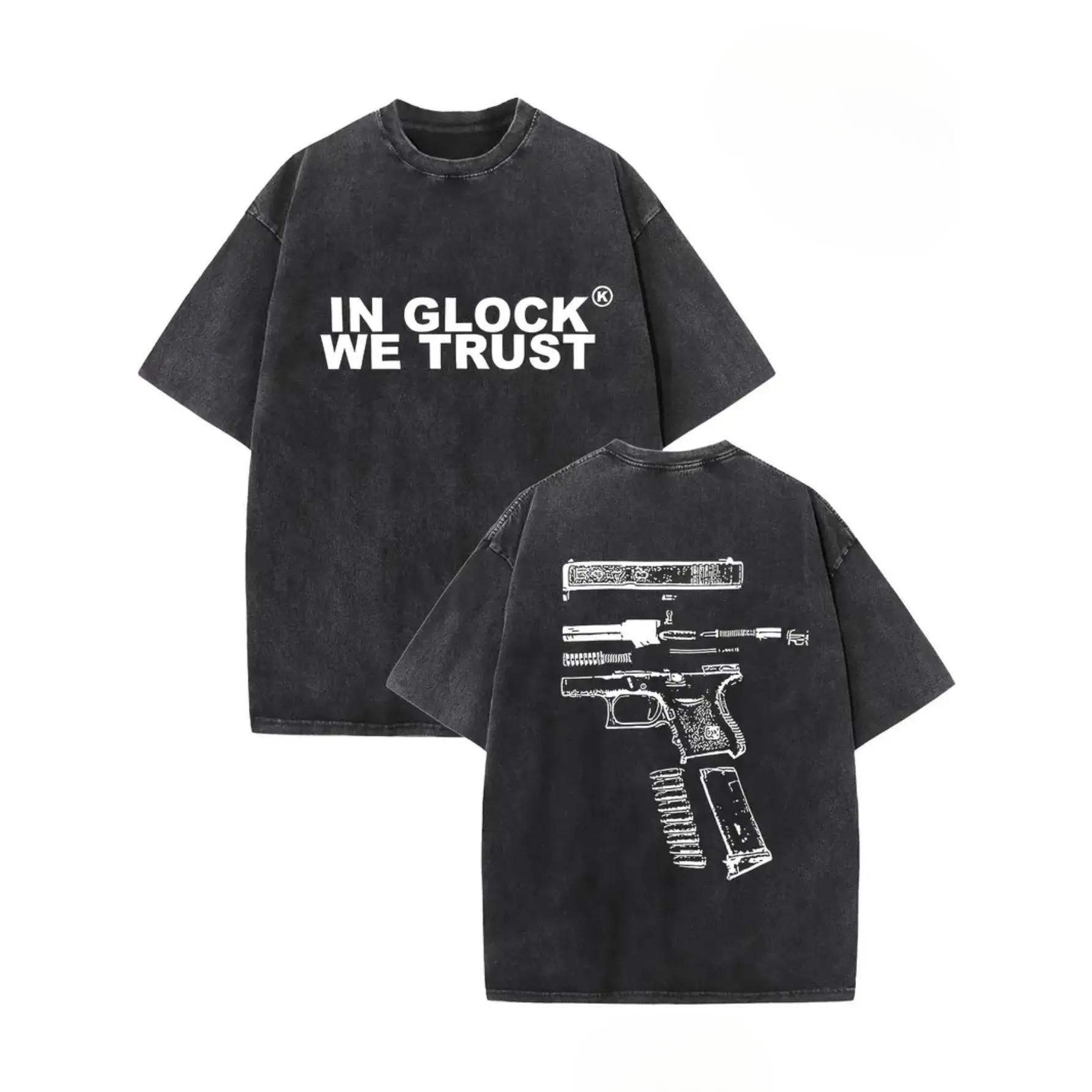 Trendy Minimalist Crew Neck T-shirt, Vintage Dark Grey Acid Wash "In Glock We Trust" Handgun Graphic Oversized Short Sleeve Tee, Unisex Breathable Casual T-shirt, Fashion Top for Outdoor Hangout Daily Wear Men & Women