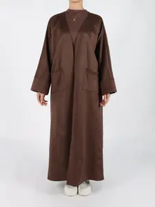 Women's Solid Long Sleeve Open Front Suede Coat, Elegant Long Sleeve Pocket Design Long Coat for Fall & Winter, Women's Islamic Clothing for Daily Wear, Modest Muslim Outfits, Modesty