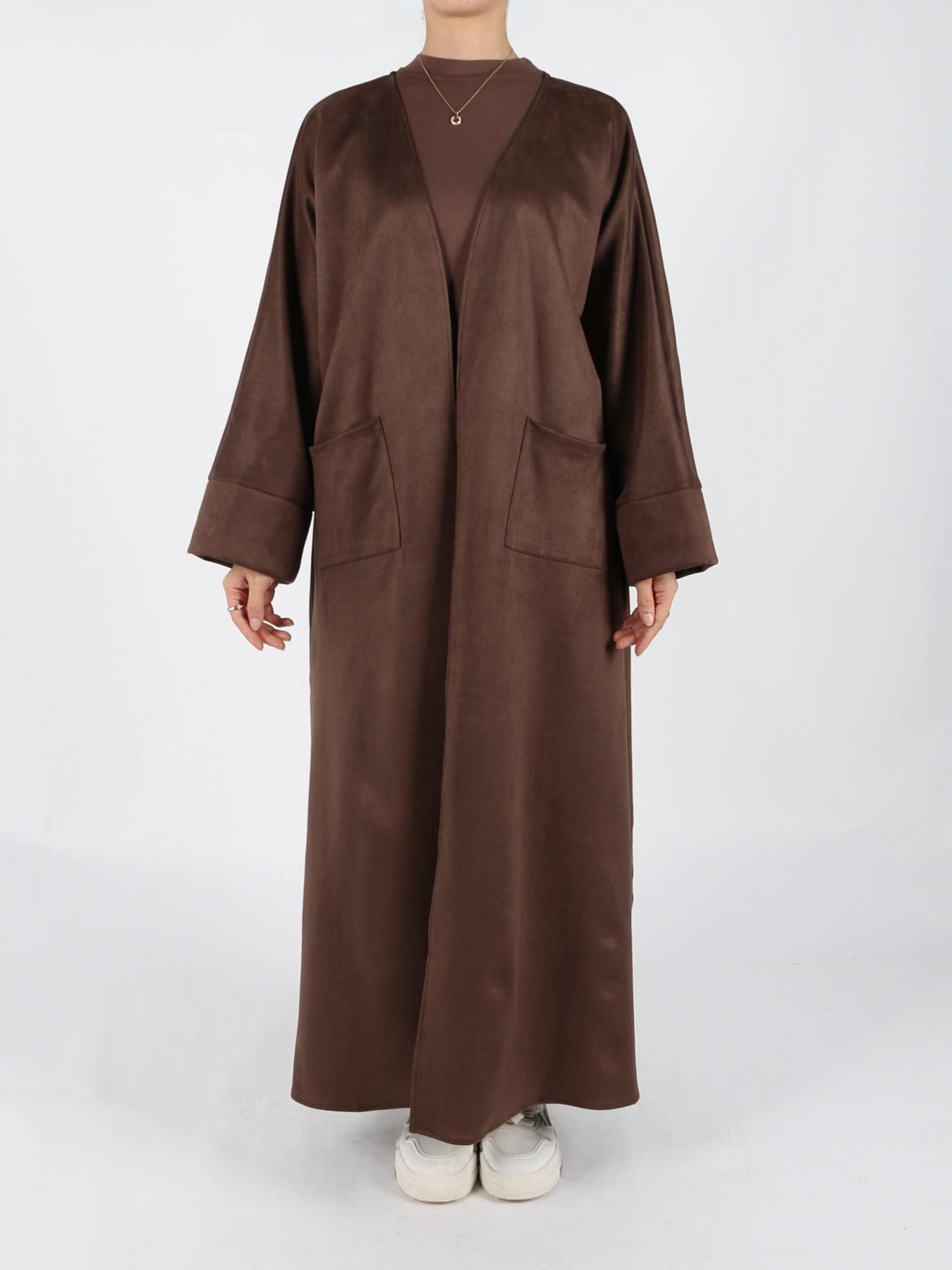 Women's Solid Long Sleeve Open Front Suede Coat, Elegant Long Sleeve Pocket Design Long Coat for Fall & Winter, Women's Islamic Clothing for Daily Wear, Modest Muslim Outfits