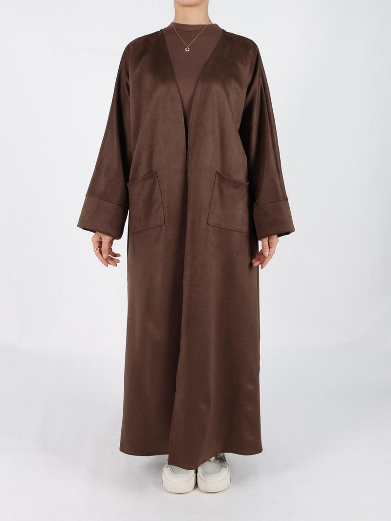 Women's Solid Long Sleeve Open Front Suede Coat, Elegant Long Sleeve Pocket Design Long Coat for Fall & Winter, Women's Islamic Clothing for Daily Wear, Modest Muslim Outfits