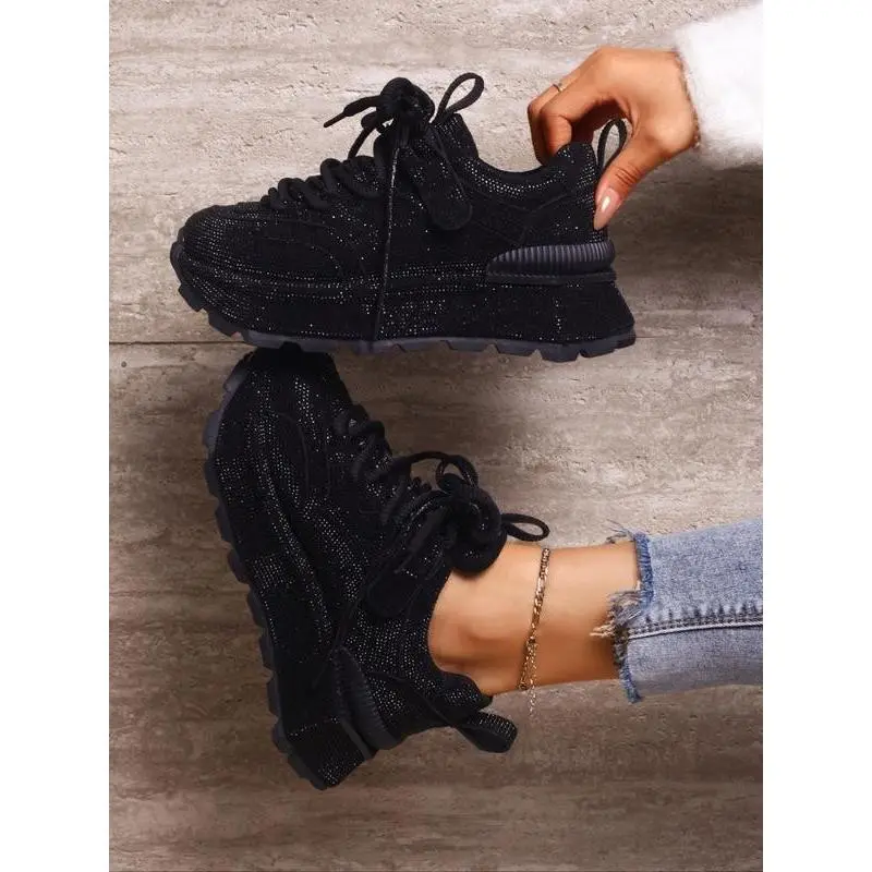 New Silver Color Rhinestone Chunky Dad Shoes for Women, Bling Casual Sporty Sneakers, Height Increasing Platform Fashion Shoes, Casual Walking Sneakers