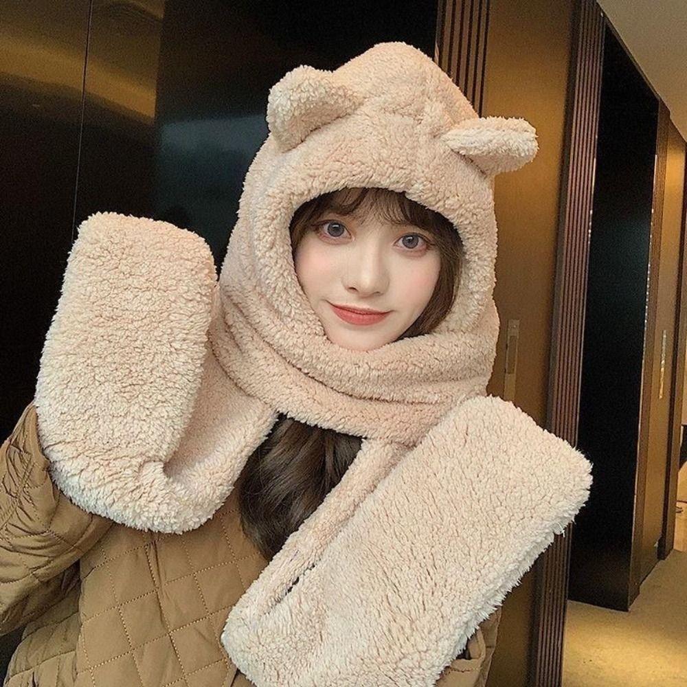 Unique 3 in 1 Bear Ear Plush Beanie Thickened Ear Protection Plush Scarf Hat Gloves Earmuffs Warm Fleece Scarves Hat Autumn