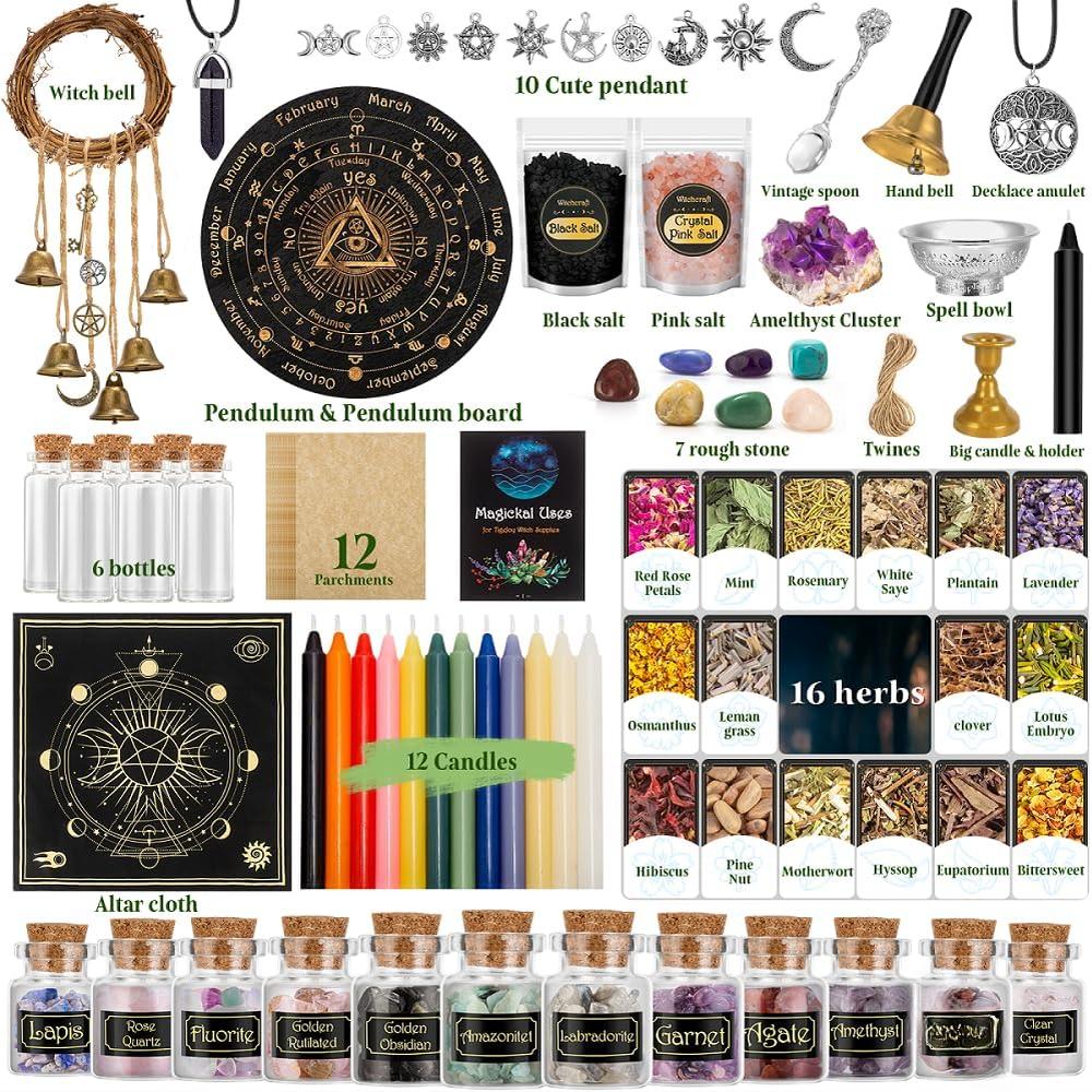 SUNDAY MIRTH All in One  Supplies  Stuff Spell Kit 88 count,  Supplies and Tools, Include   Candle  Pendulum,    Starter Kit Altar Supplies Pagan Decor