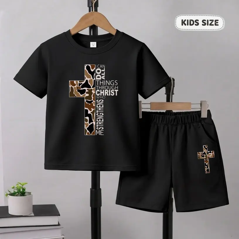 Boys' Christian Short Sleeve T-Shirt and Camo Shorts Set, Casual 2-Piece Summer Outfit, Breathable Soft Clothing with Elastic Waist for Outdoor Play, Kids Outdoor Play, Short Sleeve Tops