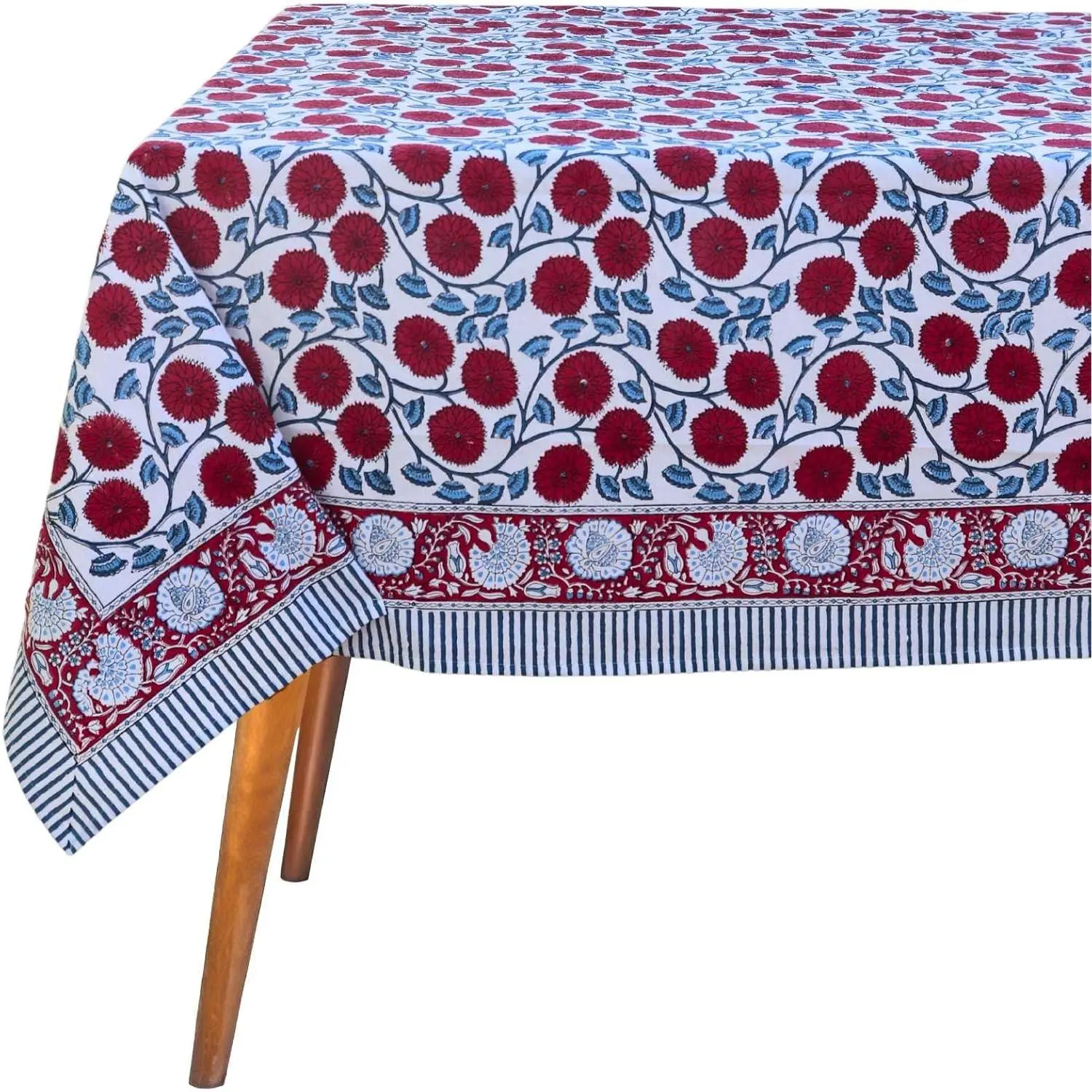 Handblock Print Pure Cotton Round Tablecloth - 120 Round Table Cover, Seats 6-8, Indian Block Printed Floral Dining Linen, Machine Washable Boho Cloth for Kitchen, Party (Cranberry Red), Machine Wash