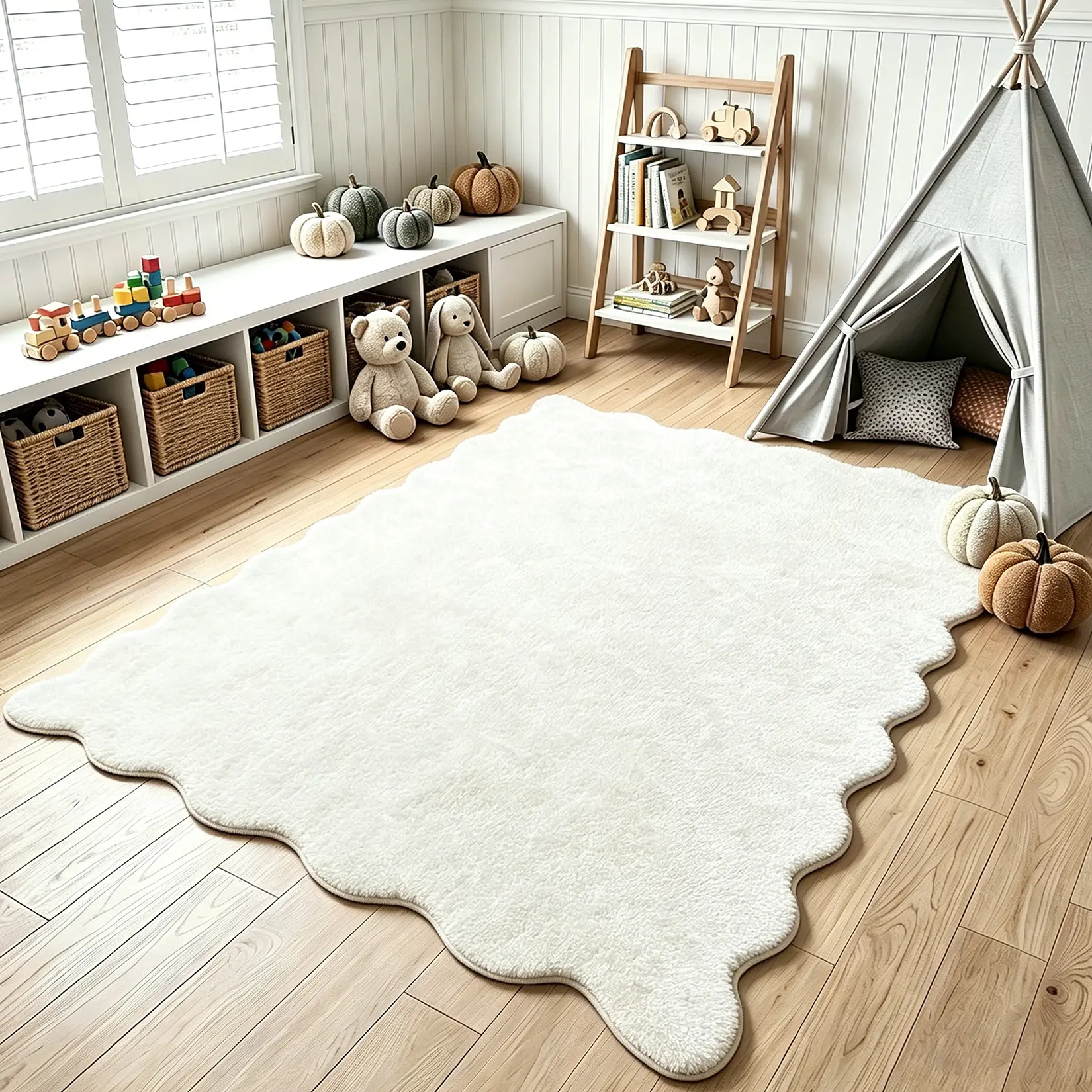 Modern Scalloped Area Rug, Ultra-Soft Coral Fleece, Machine Washable & Foldable, Non-Slip Non-Shedding Floor Mat for Living Room, Bedroom, Playroom, Dorm