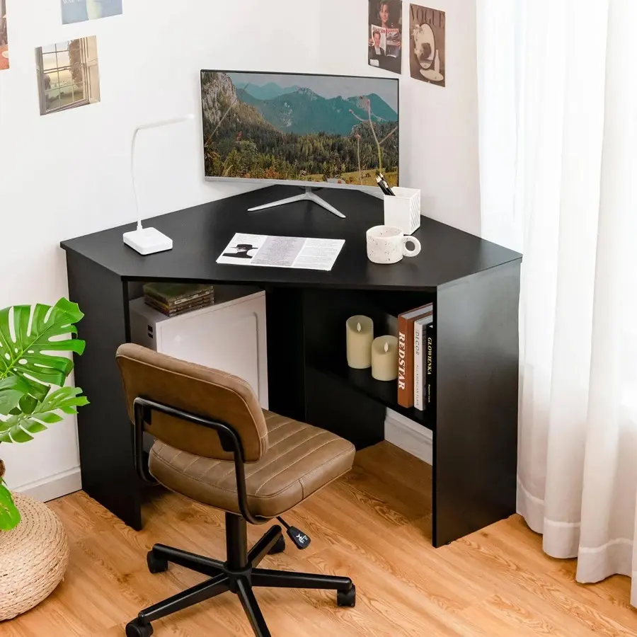 Triangle Corner Computer Desk - 48''x33.5''x29'' Engineered Wood Office Writing Workstation, 200 lbs Weight Capacity, Space Saving Furniture with Storage Shelf, Cable Management Holes for WFH & Home Learning, 48'' X 33.5'' X 29'', Floor-Standing