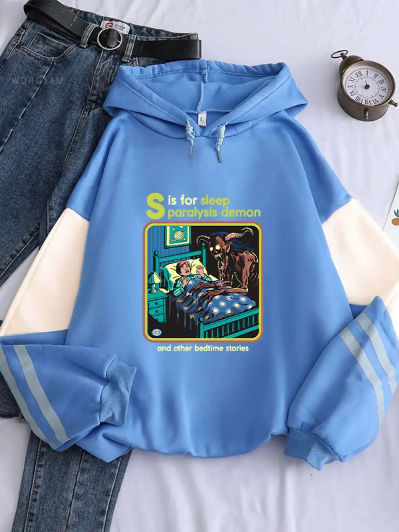 Sleep Paralysis Demon Hoodie, Retro Horror Dark Fun Casual Fashion, Reflective Long Sleeve Fleece Lined, Unisex Loose Fit, Fall & Winter