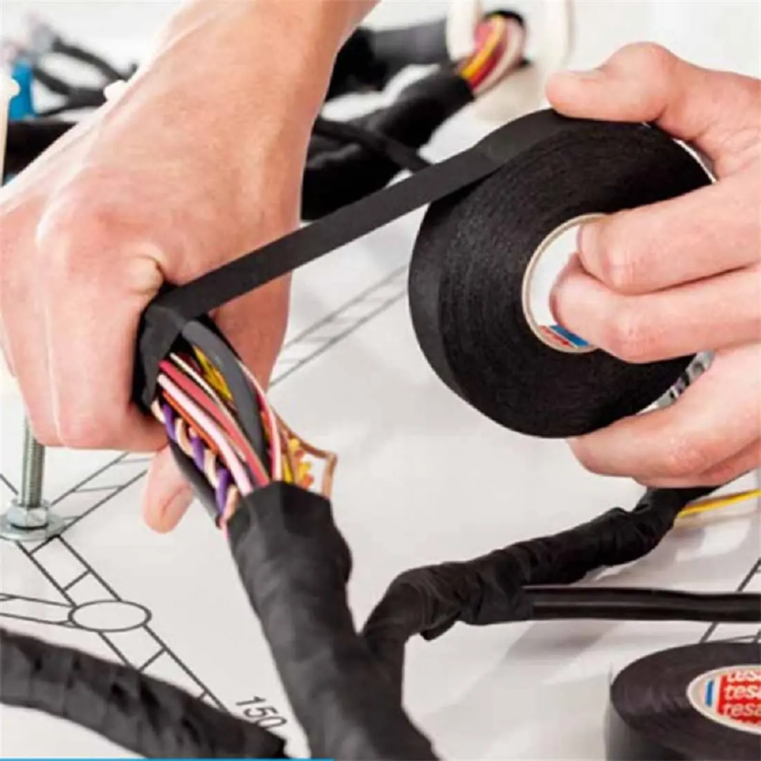 Automotive Synthetic Wire Harness Cloth Tape, High-Temp Wrapping, Noise Damping, Heat-Proofing Black Adhesive Fabric Electrical Flannel Tape, 15M×19mm