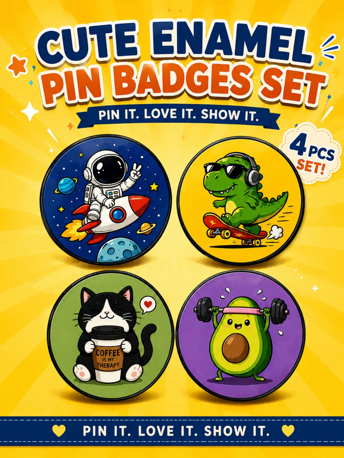 4pcs Cute Cartoon Pin Badge Set, Astronaut, Skateboard Dinosaur, Coffee Cat, Gym Avocado, for Backpacks, Jackets, Hats, Gifts, Party Favors