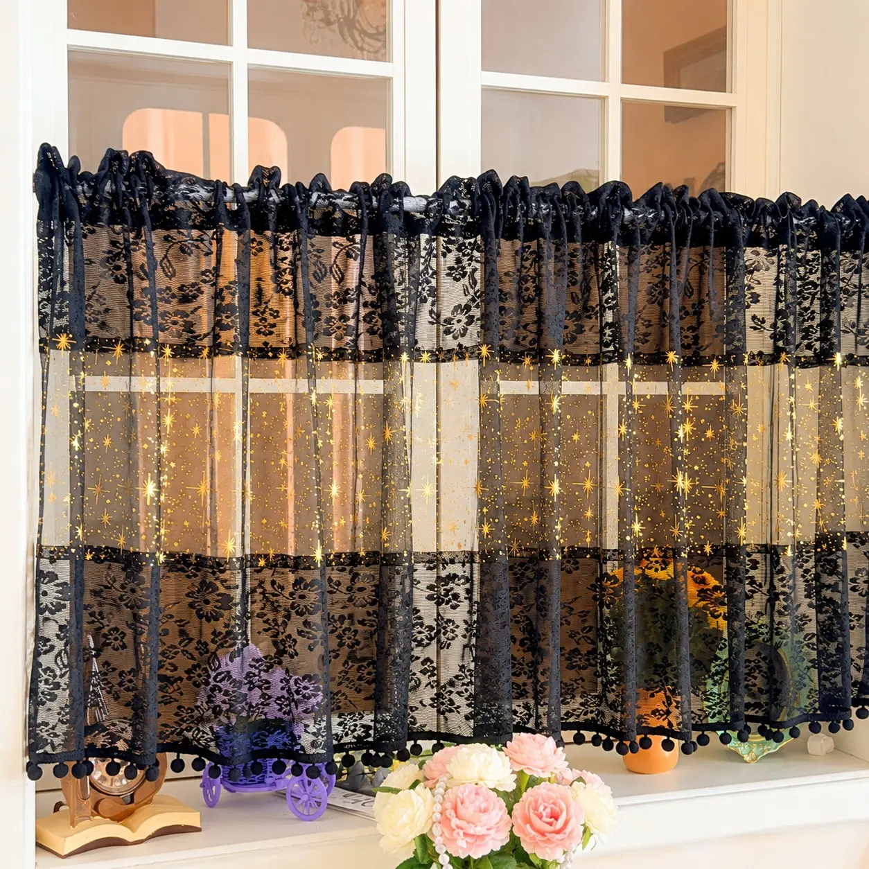 1pc Lace Star Embroidered Short Curtain, European Vintage Sheer Curtain, Kitchen Small Window Half Curtain, Coffee Shop Decorative Curtain, Home Decorative Curtain, Home Decoration Curtain, Embroidered Curtains