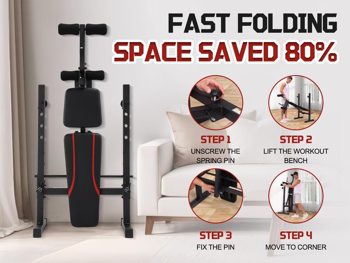 Multi-Function Weight Bench Set with Squat Rack Leg Extension & Leg Curl Adjustable Workout Bench for Full Body Fitness Foldable Flat/Incline/Decline Upgrade Bench Press for Home Gym