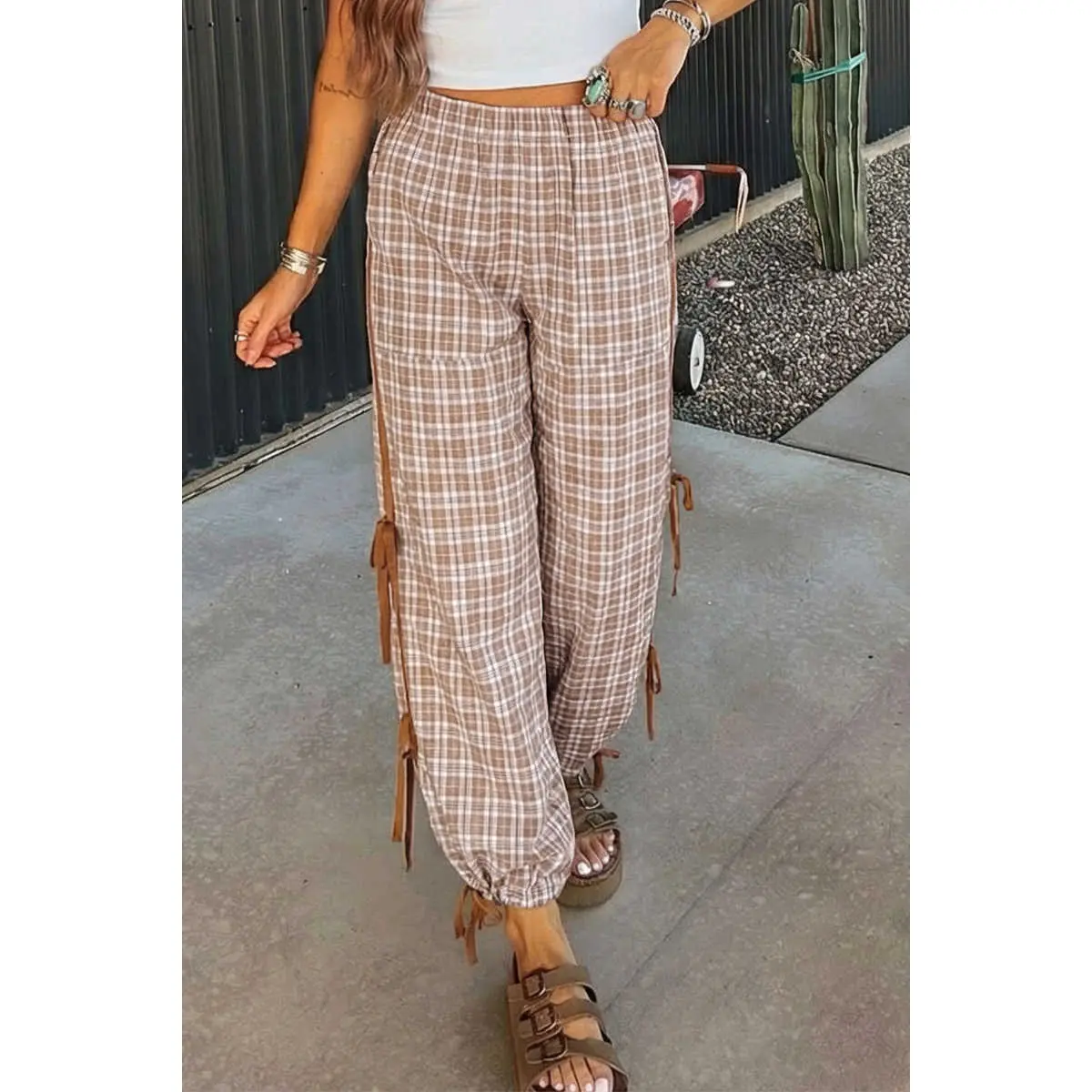 Chestnut Plaid Print Elastic Waist Bow Tie Contrast Detail Jogger Pants