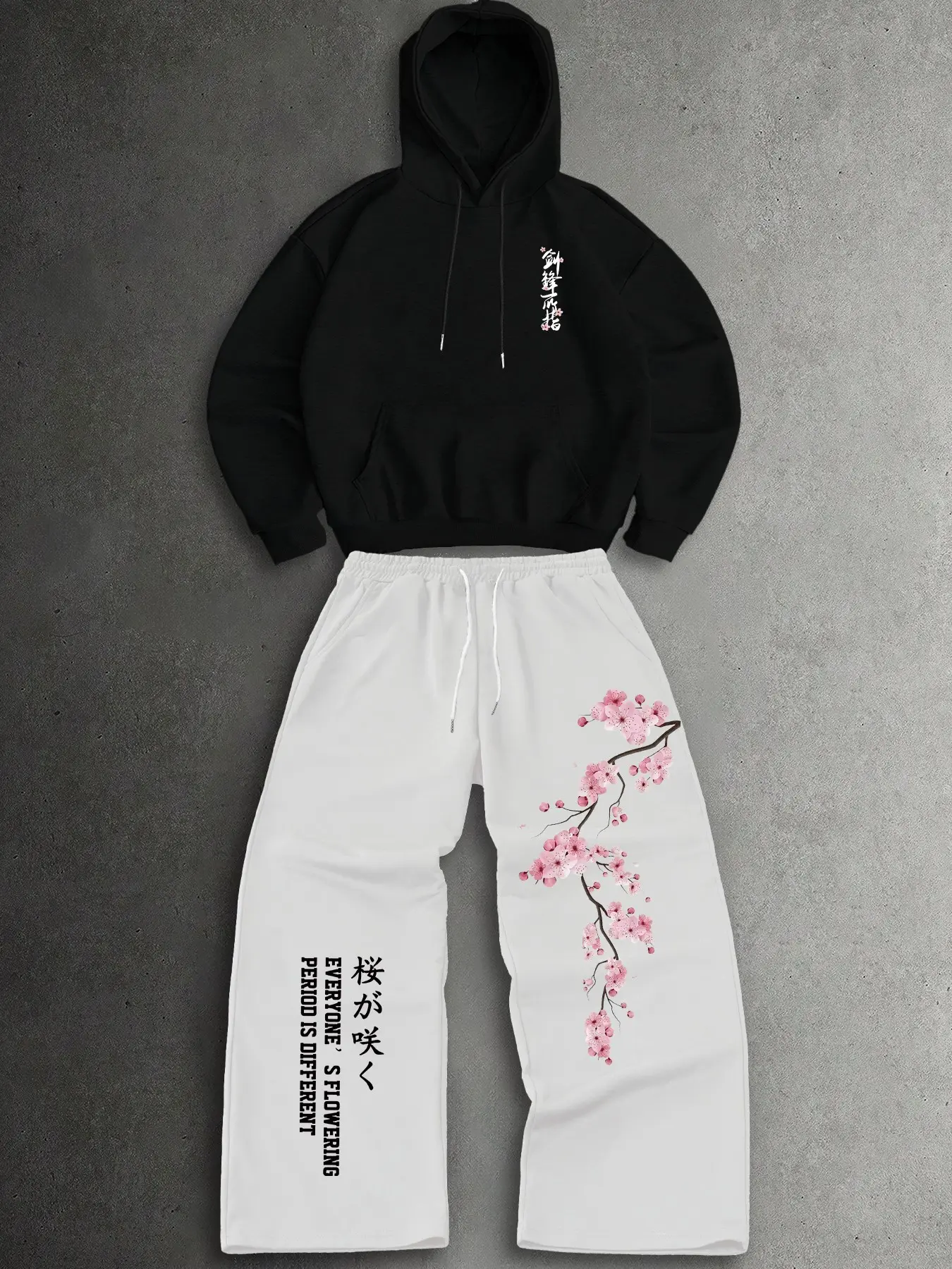 Two Tone Men Sweatsuit Set with Japanese Graphic Print - Loose Fit Drop Shoulder Hooded Top & Baggy White Cherry Blossom Joggers Streetwear Outfit