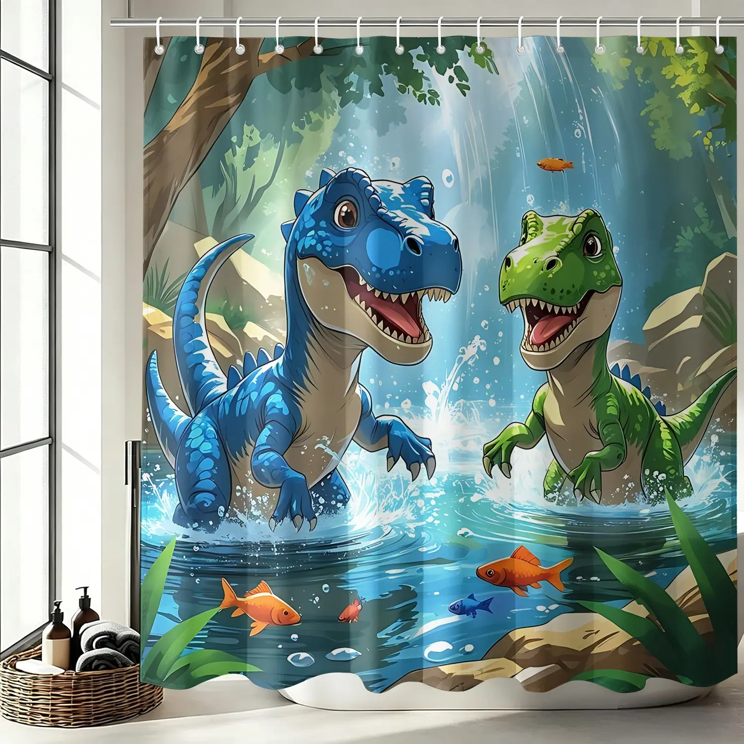 Cartoon Blue & Green T-Rex Playing In Water Jungle Waterfall Print Shower Curtain Cute; Waterproof Bath Curtain with Free Hooks; Washable Bathroom Curtain, Decor Accessory for Toddler Boy Bedroom, Dino Playroom, Kid Nursery, Family Airbnb