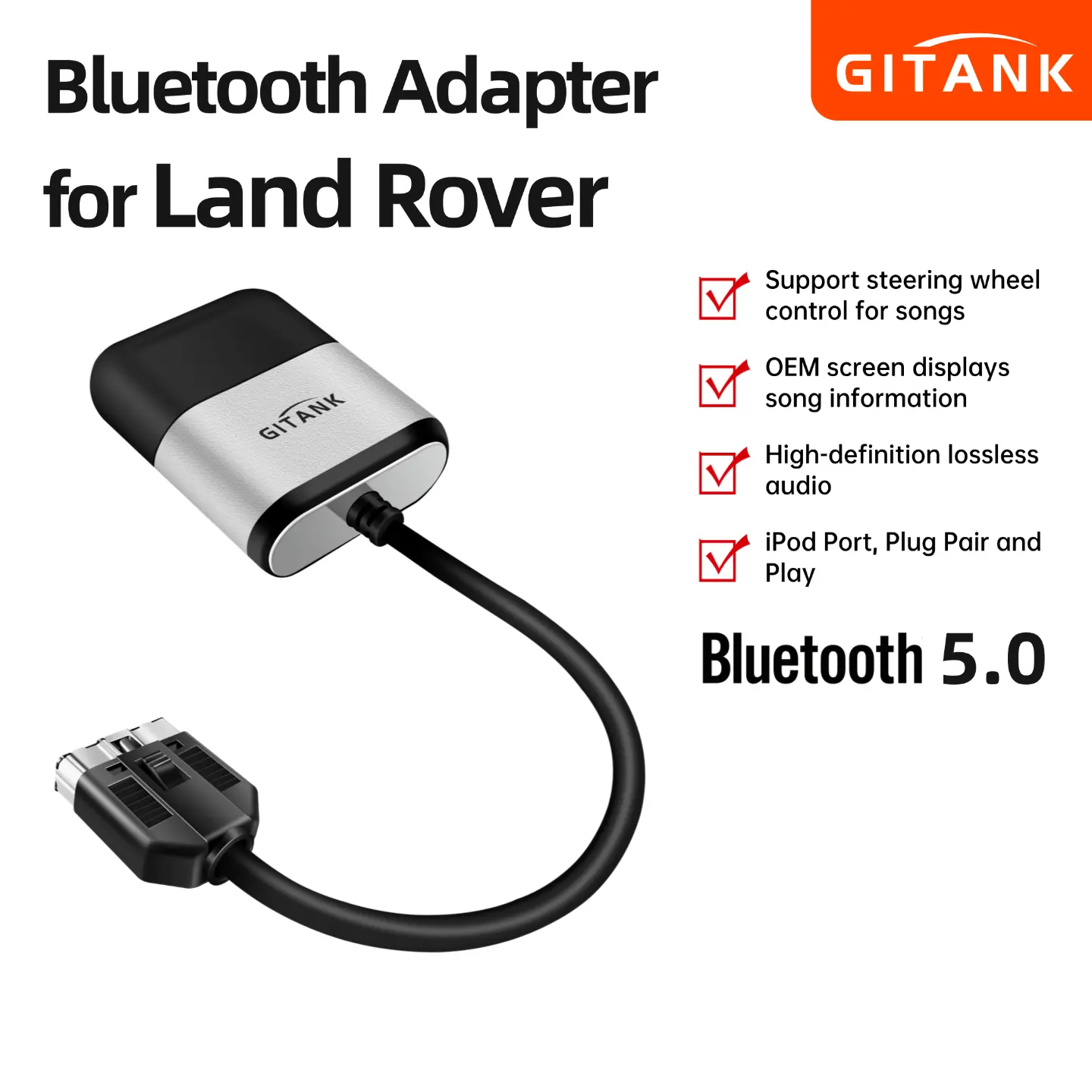 GITANK Bluetooth 5.0 Wireless Music Interface Adapter with AptX-HD, 300L Connector for Land Rover, Range Rover, Jaguar iPod Port