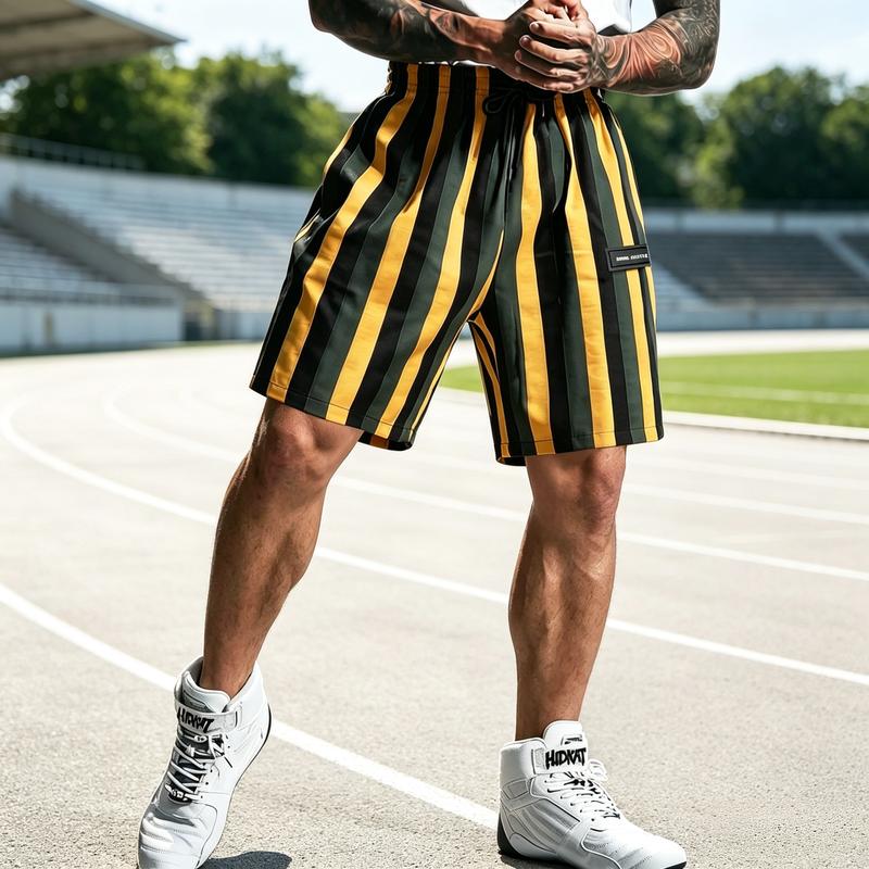 Men's Summer Polyester Fitted Athletic Look Shorts - 3-Stripes, Drawstring Tie, Pockets, Suitable for Outdoor Leisure, Sports