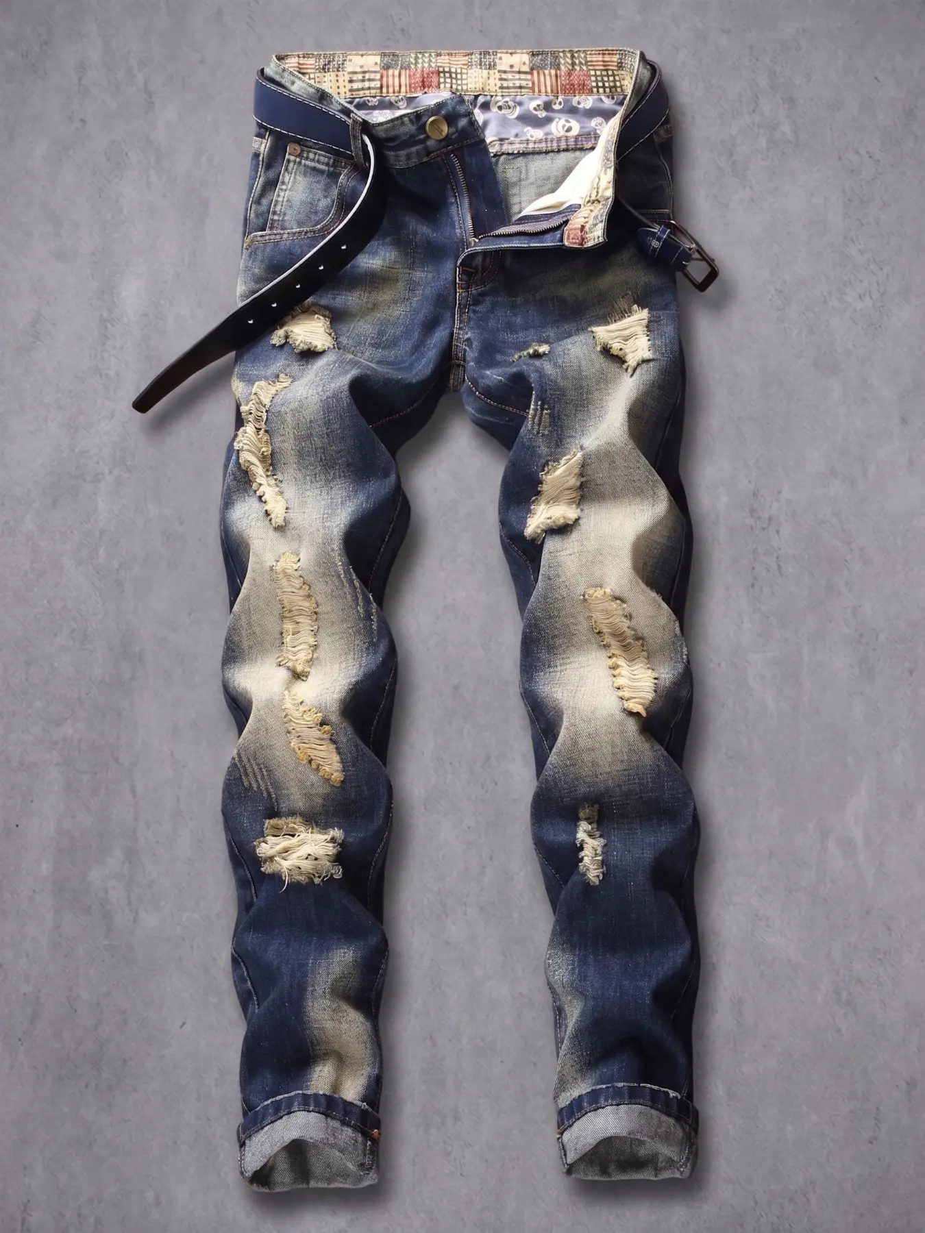 Men's Vintage Blue Gradient Washed Multi-Hole Ripped Slim Fit Jeans, Rolled Hem Streetwear Elastic Denim Jeans, Retro Fashion Long Trousers, Casual Streetwear Jeans