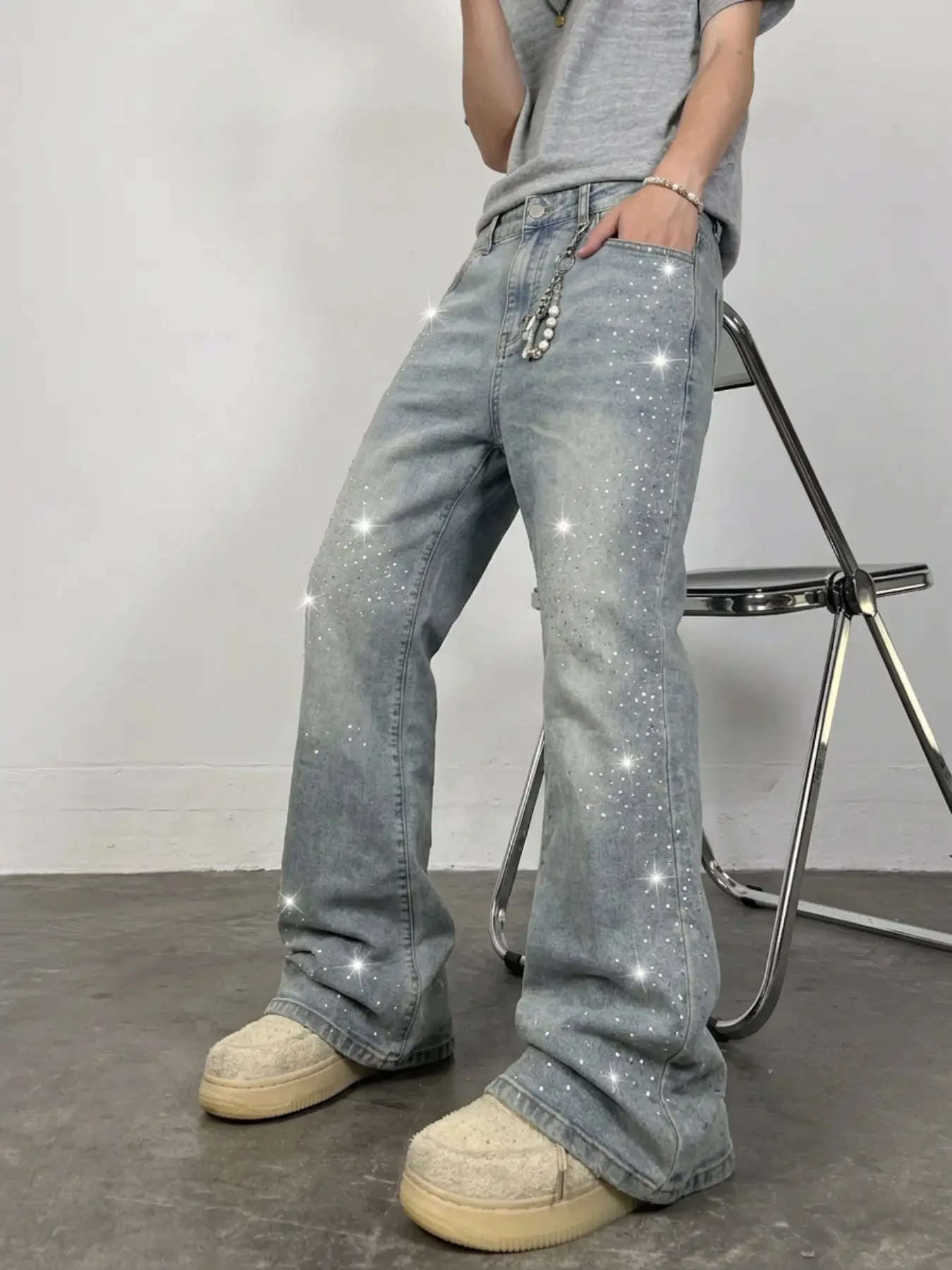 Men's Rhinestone Embellished Jeans, High Waist Elastic Drop Crotch, Street Style Loose Fit, Plain Surface, Zipper Fly, All Seasons