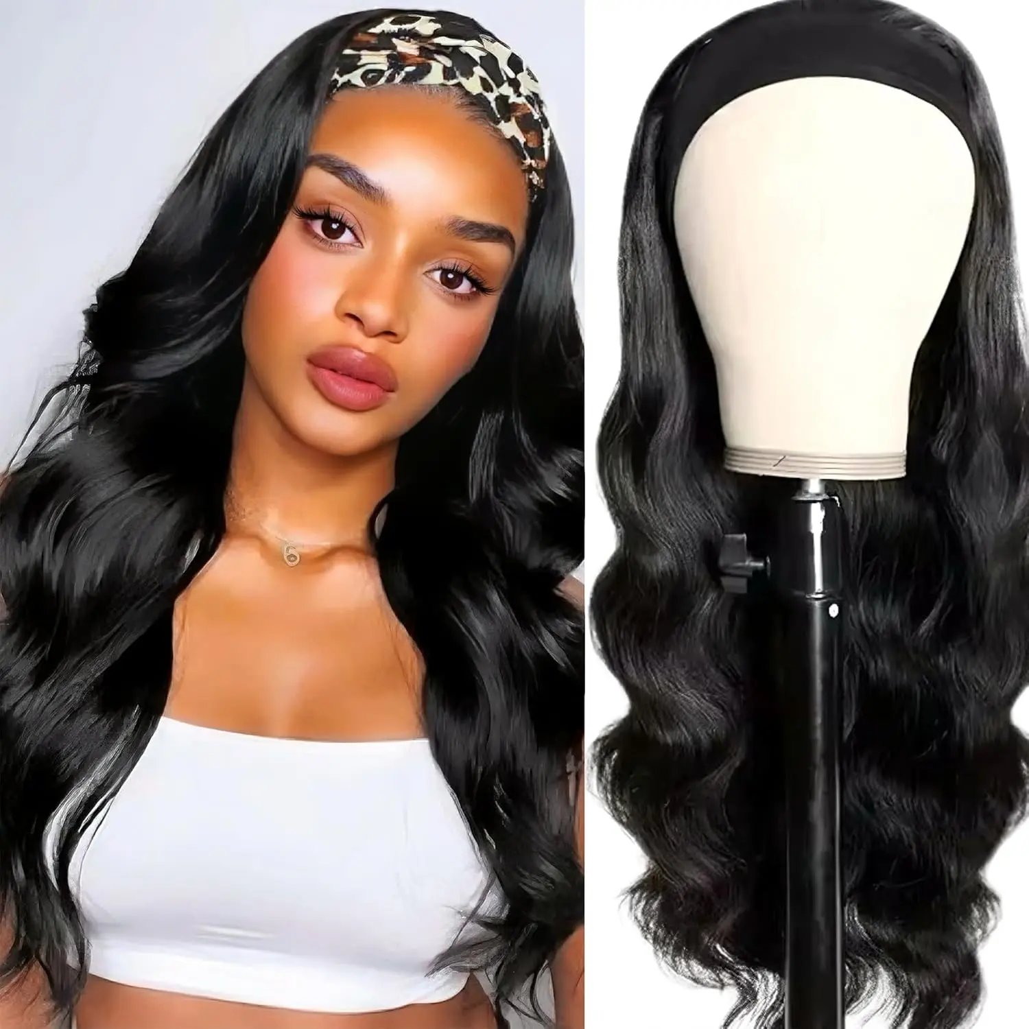 Headband Wig Human Hair  Wave 12 Inch Glueless No Sew Headband Wig  Brazilian Virgin Hair 180% Dencity Wear and Go Headband Wigs for Black Women  Color Beginner Friendly