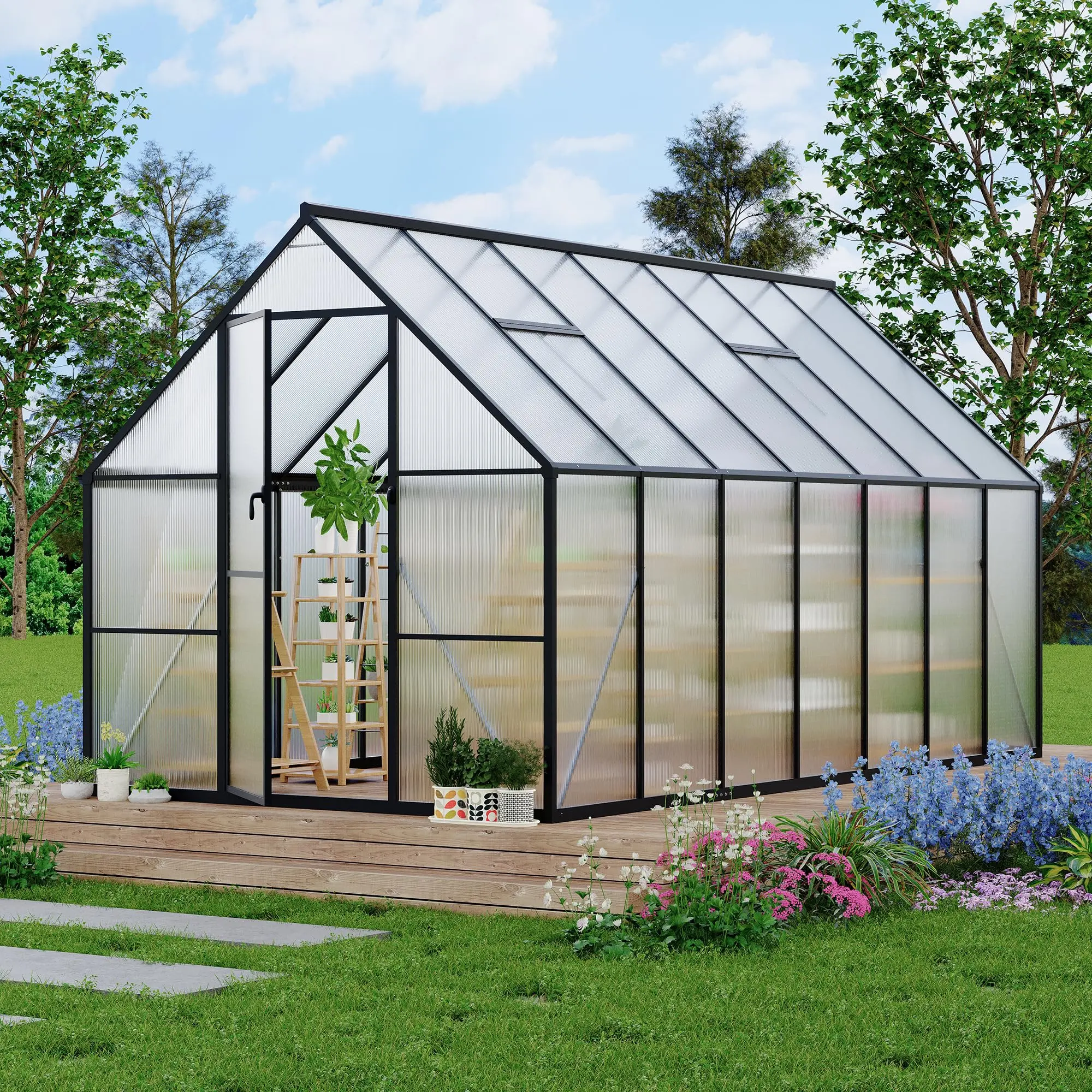 8x14 FT Outdoor Greenhouse, Polycarbonate Greenhouse with Roof Vent and Ground Nails, Heavy Duty Aluminum Walk-in Green House with Lockable Push Door for Outdoor Garden,Black/Green/Silver(2 Boxes)