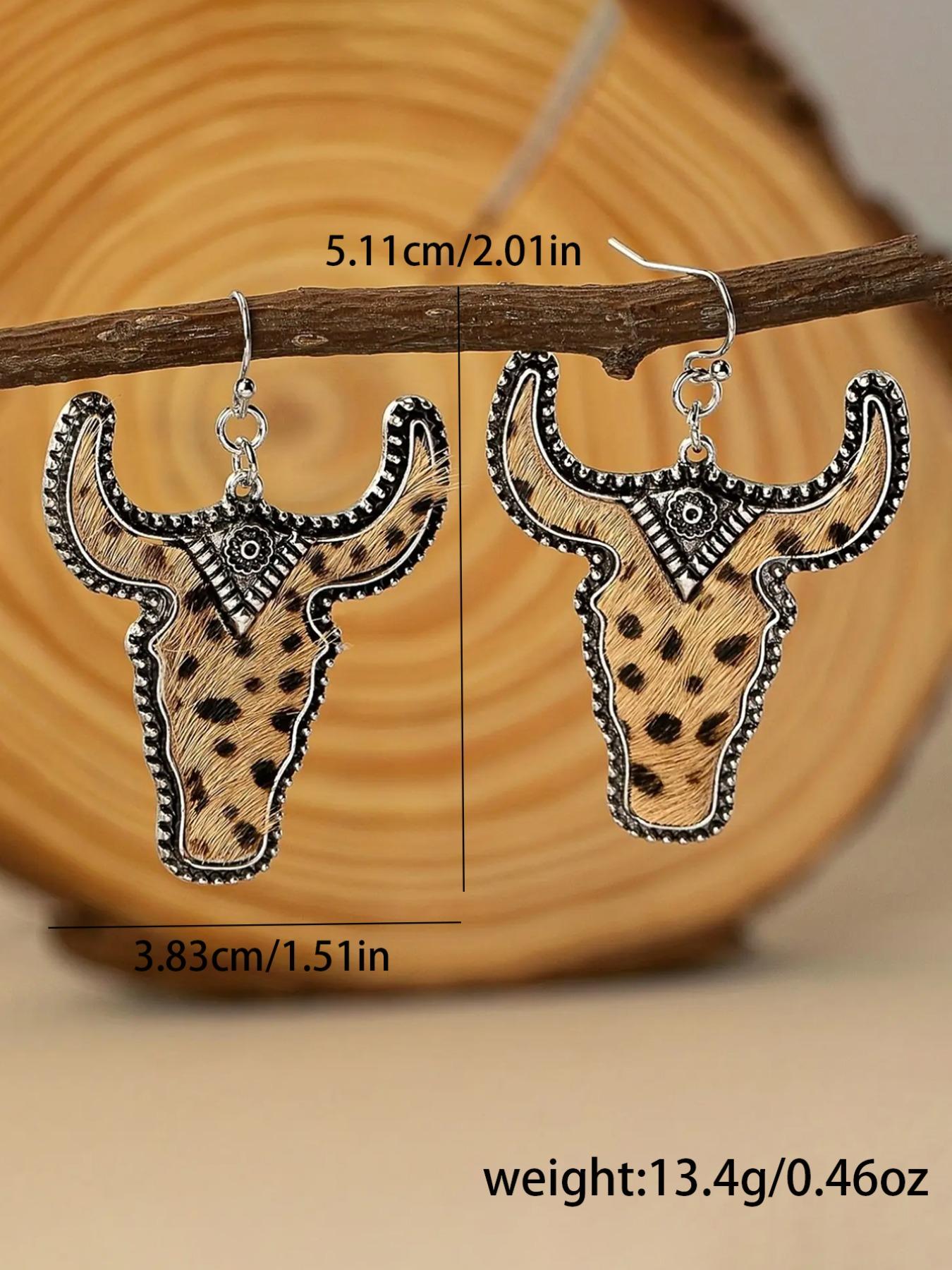 Vintage Cow Head Shaped Dangle Earrings (1 Pair), Western Cowboy Style Leopard & Cow Print Earrings, Hollow Out Design Earrings for Women, Trendy Jewelry Gift for Party and Daily Life, Casual Yet Chic