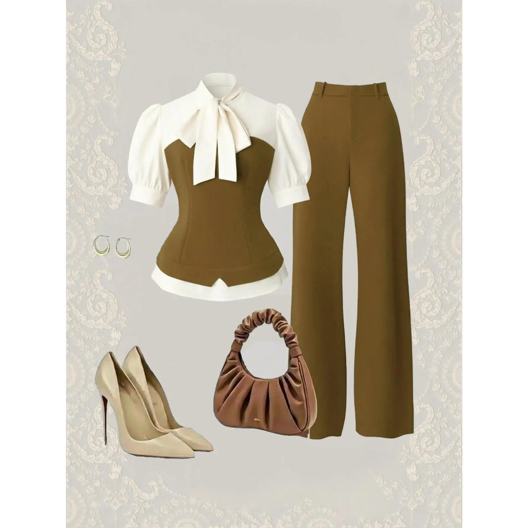 Vintage Puff Sleeve Contrast Panel Top + High Waist Wide Leg Trousers Work Two Piece Set