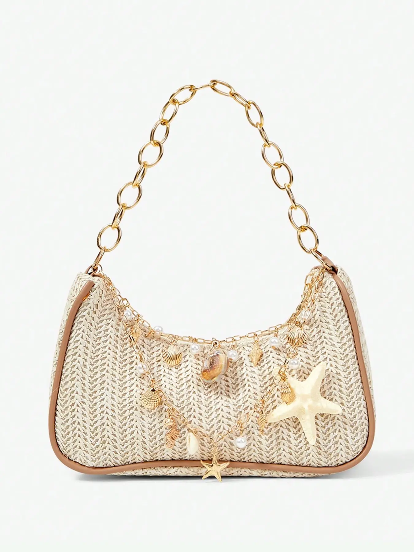 Vacation Style Starfish Shell Straw Crossbody Bag, Thick Chain Woven Bag, Women's Shoulder Bag for Vacation, Bohemian Casual Purse