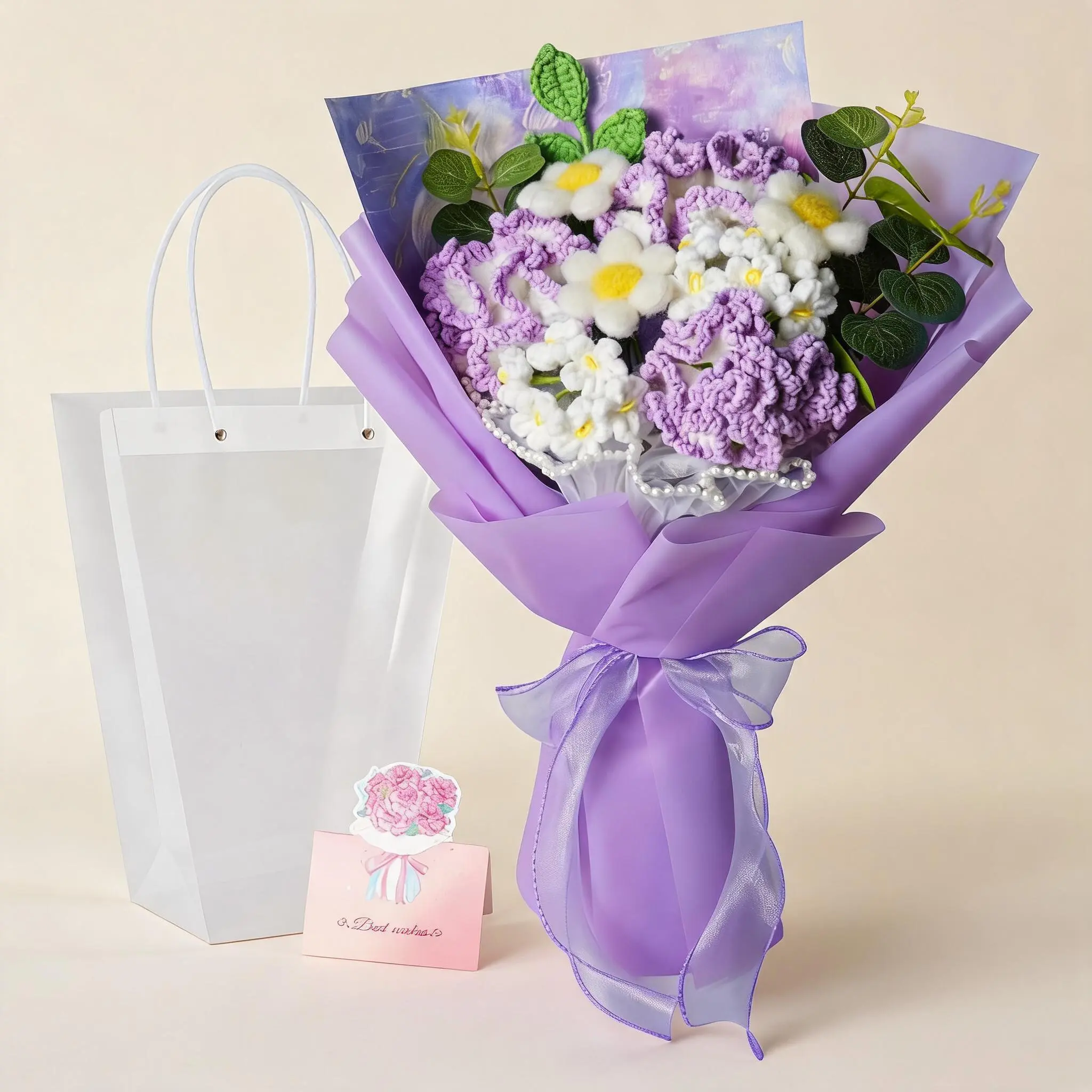 Handcrafted Yarn Woven Flower Bouquet – Lasting Faux Floral Arrangement with Gift Bag & Best Wishes Card – Distinctive Gift for Home Decor, Birthday, Mother's Day, Special Occasions