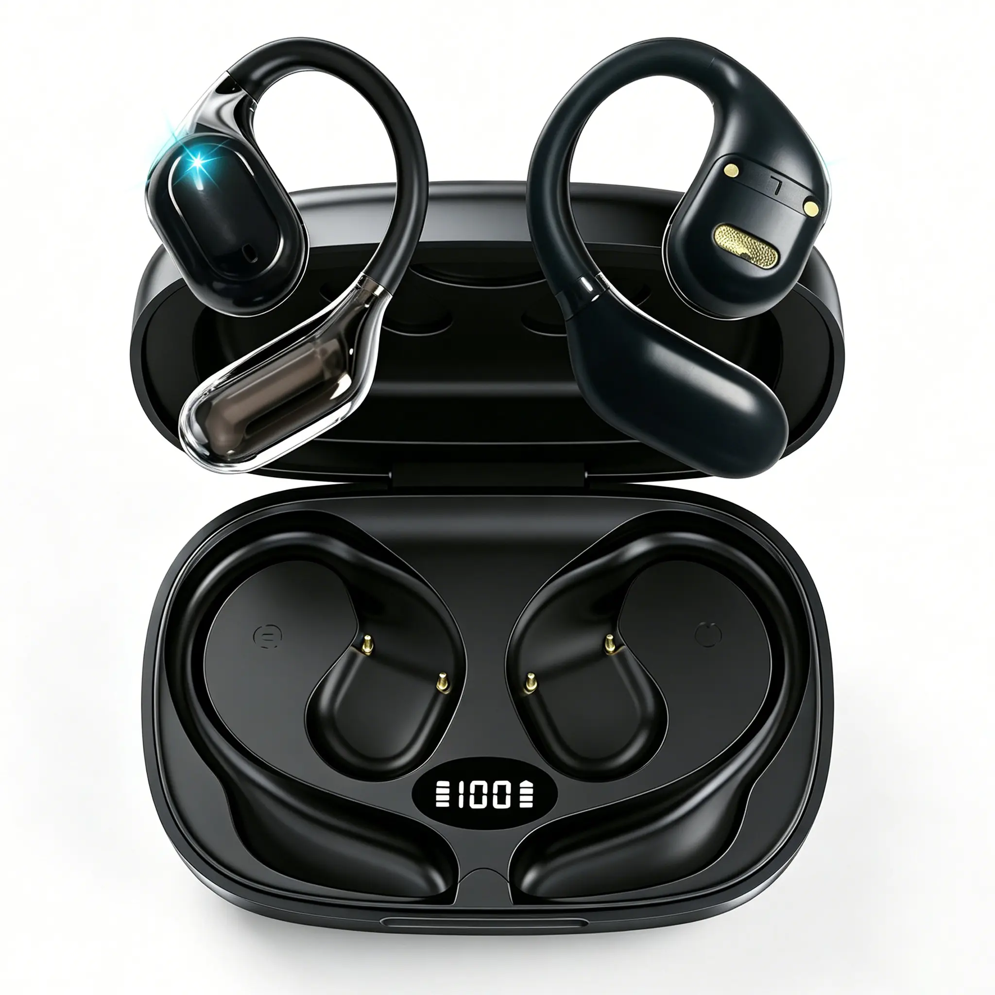 Kncfoeb Real-Time Translation Open Ear Earbuds with Earhook, Bluetooth 5.4 Audio Electronic Headset, 165-Language Support, No Subscription, Smart Digital Display, 45H Playtime, IPX6 Waterproof, Touch Control, Fit Cycling Learning, Translation Earbuds Wire