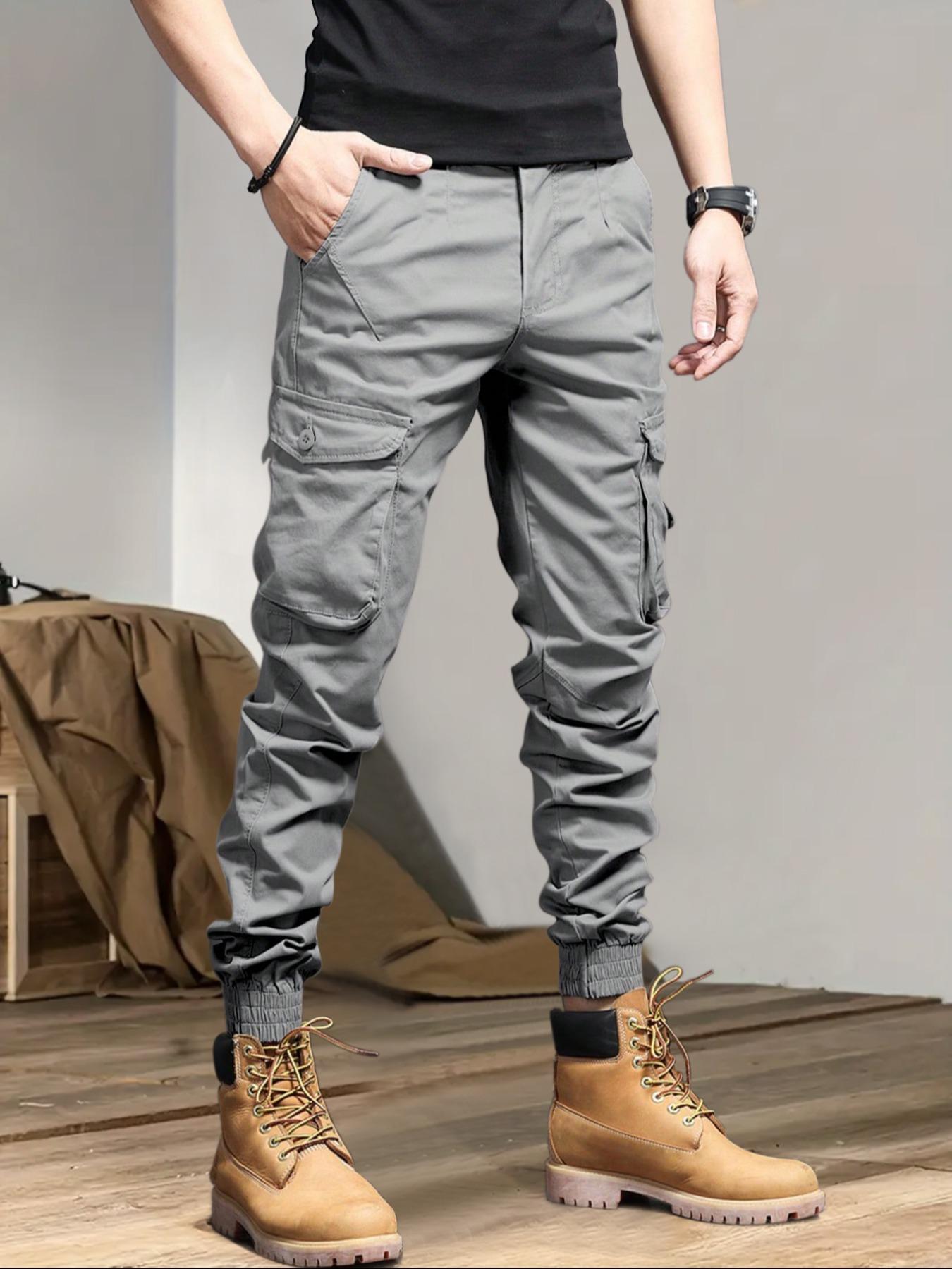 Men's Solid Drawstring Cargo Pants, Loose Casual Slant Pocket Elastic Waist Trousers for Outdoor Wear, Men's Streetwear Bottoms for All Seasons