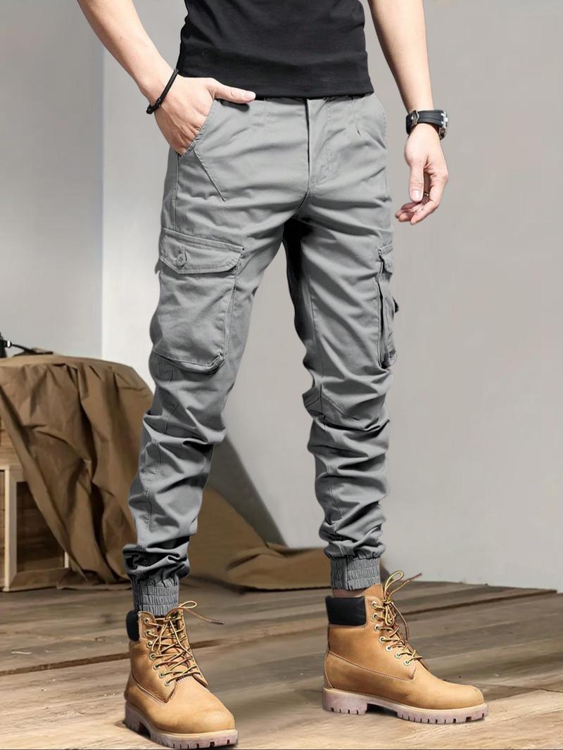Men's Solid Drawstring Cargo Pants, Loose Casual Slant Pocket Elastic Waist Trousers for Outdoor Wear, Men's Streetwear Bottoms for All Seasons