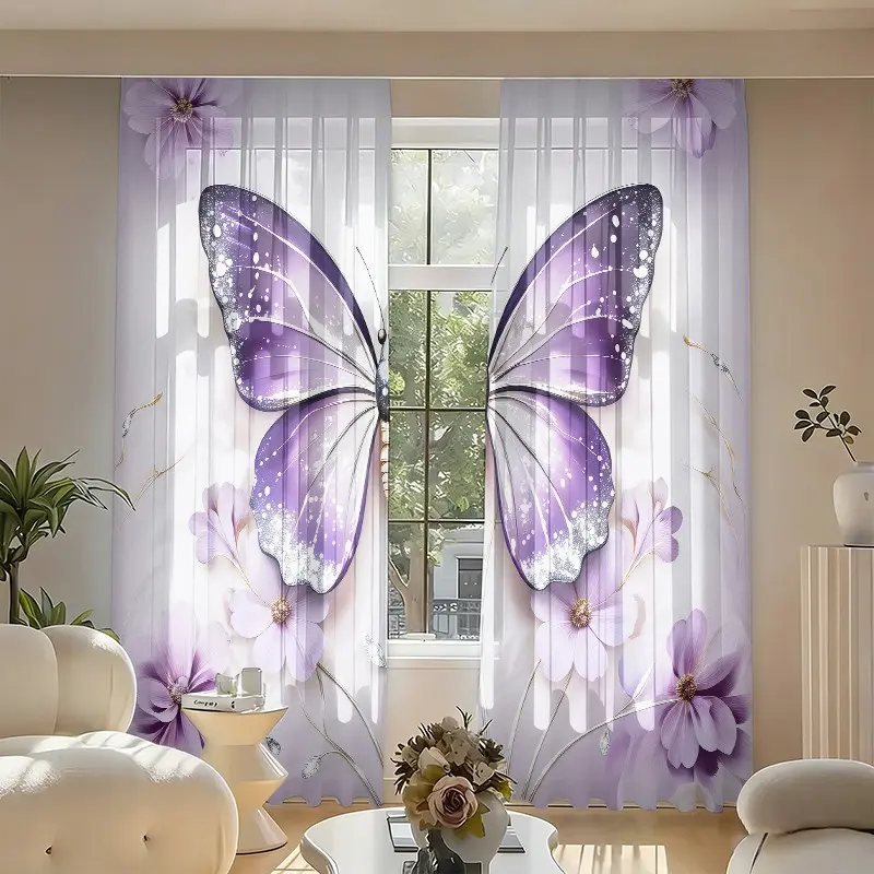 2 pieces of dreamy purple butterfly flower-printed filtering Window Curtains. They are made with high-definition digital printing technology and are suitable for living rooms, kitchens, bedrooms, study rooms, dining rooms, and home decorations.