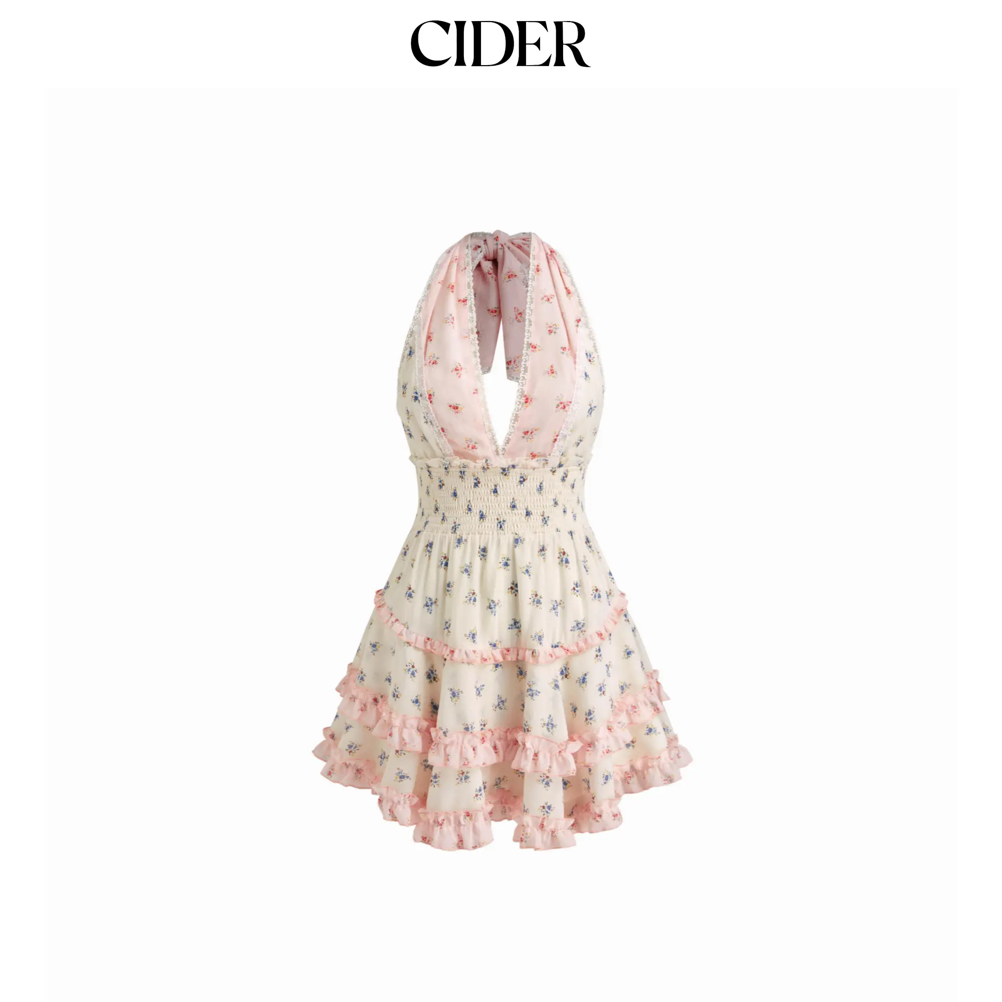 Cider Halter Neckline Ditsy Floral Lace Lettuce Trim Shirred Patchy Tiered Mini Dress SohoChic
