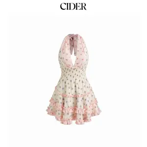 Cider Halter Neckline Ditsy Floral Lace Lettuce Trim Shirred Patchy Tiered Mini Dress Dealsforyou