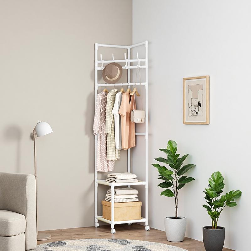 Black 2-Tier Freestanding Metal Coat Rack with 360 °   Swivel Wheels, Space-Saving Organizer with 4 Hooks & Storage Shelves for Bedroom/Entryway
