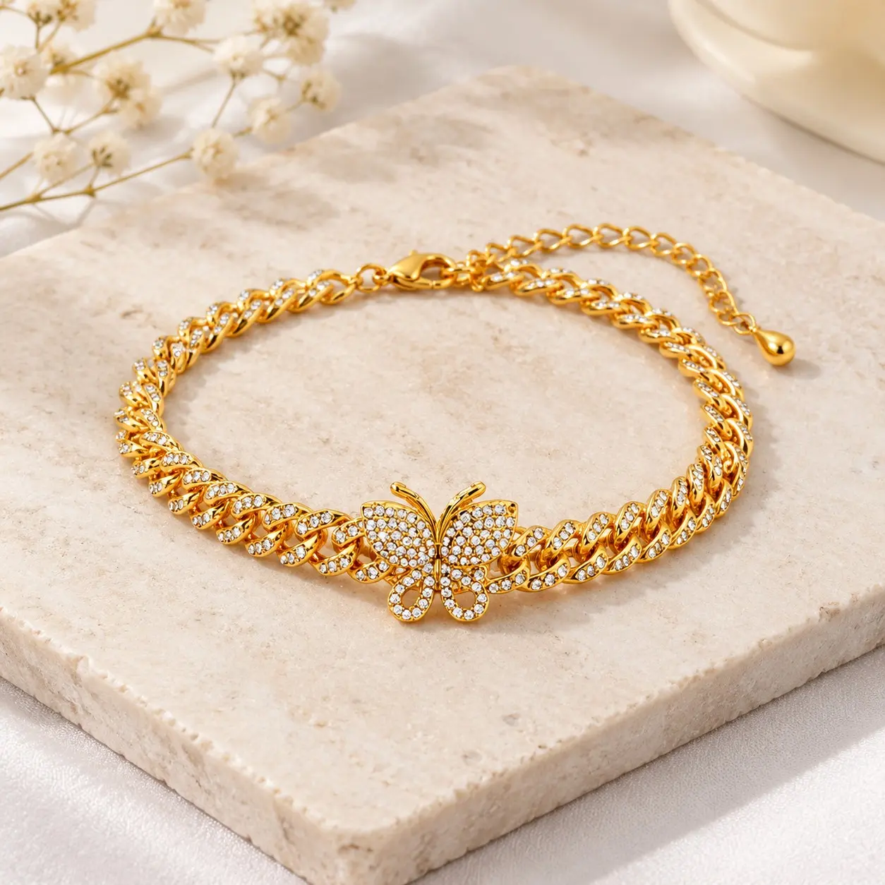 Butterfly & Tennis Theme Women's Anklet – Delicate Diamond-Style Anklet – 14K Gold-Plated Handcrafted Jewelry – Wedding or Beach Anklet Gift, Foot Chain Jewelry | Chunky Chain Style | Sandal Accessory, Ankle Bracelet
