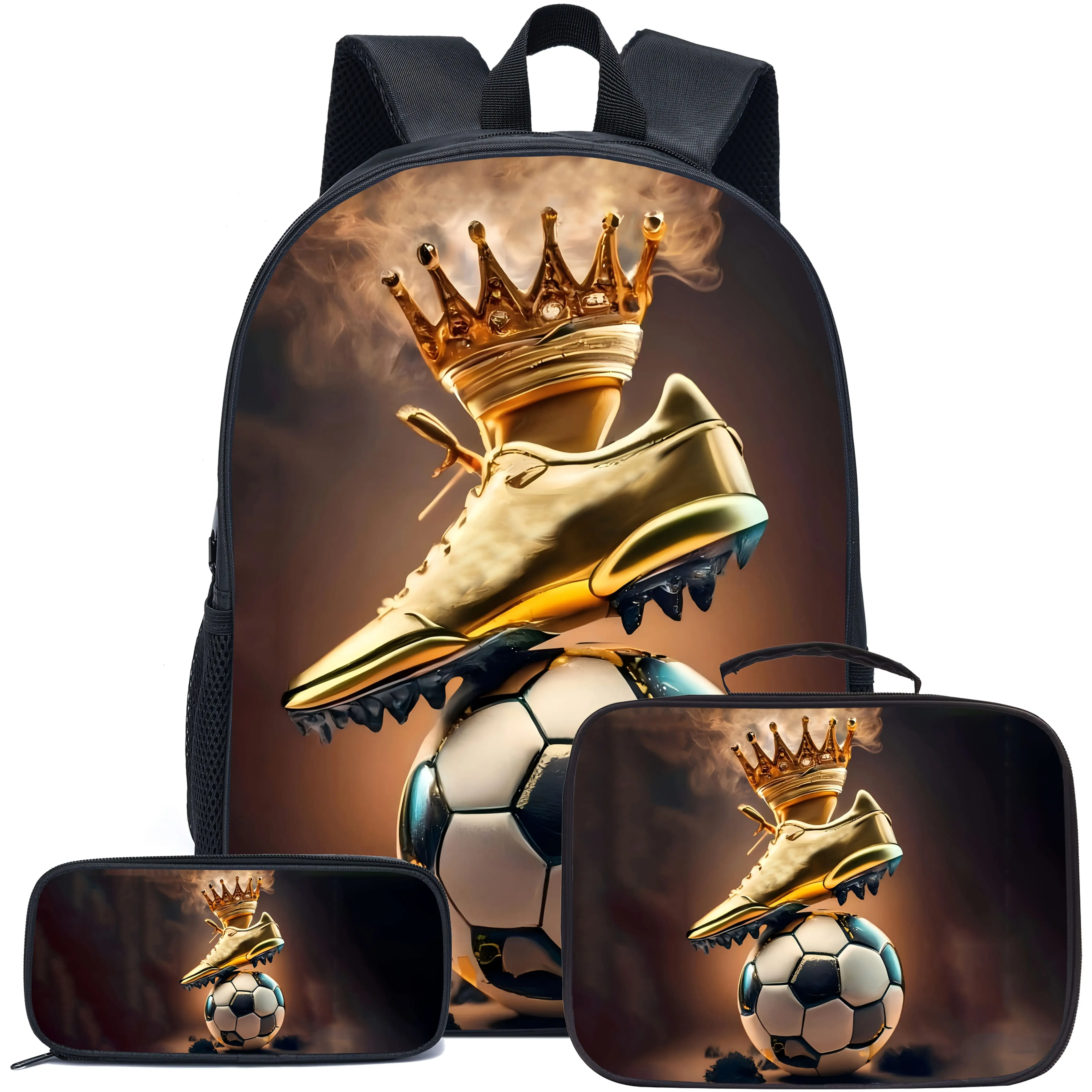 Large Crown Soccer Backpack, 17in Three-Piece Set Backpack Daily School Outdoor Travel Performance Birthday Perfect Gift # backto school # Backpack set # school gifts, 17in Bookpack