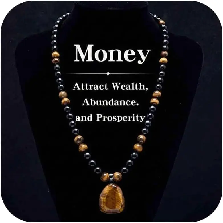 Natural Tiger Eye Stone Pendant Necklace for Men, Black Onyx Beaded Chain Raw Crystal Necklace, Money Magnet Wealth Energy Healing Gemstone Jewelry, Trendy Spiritual Meditation Accessory Gift