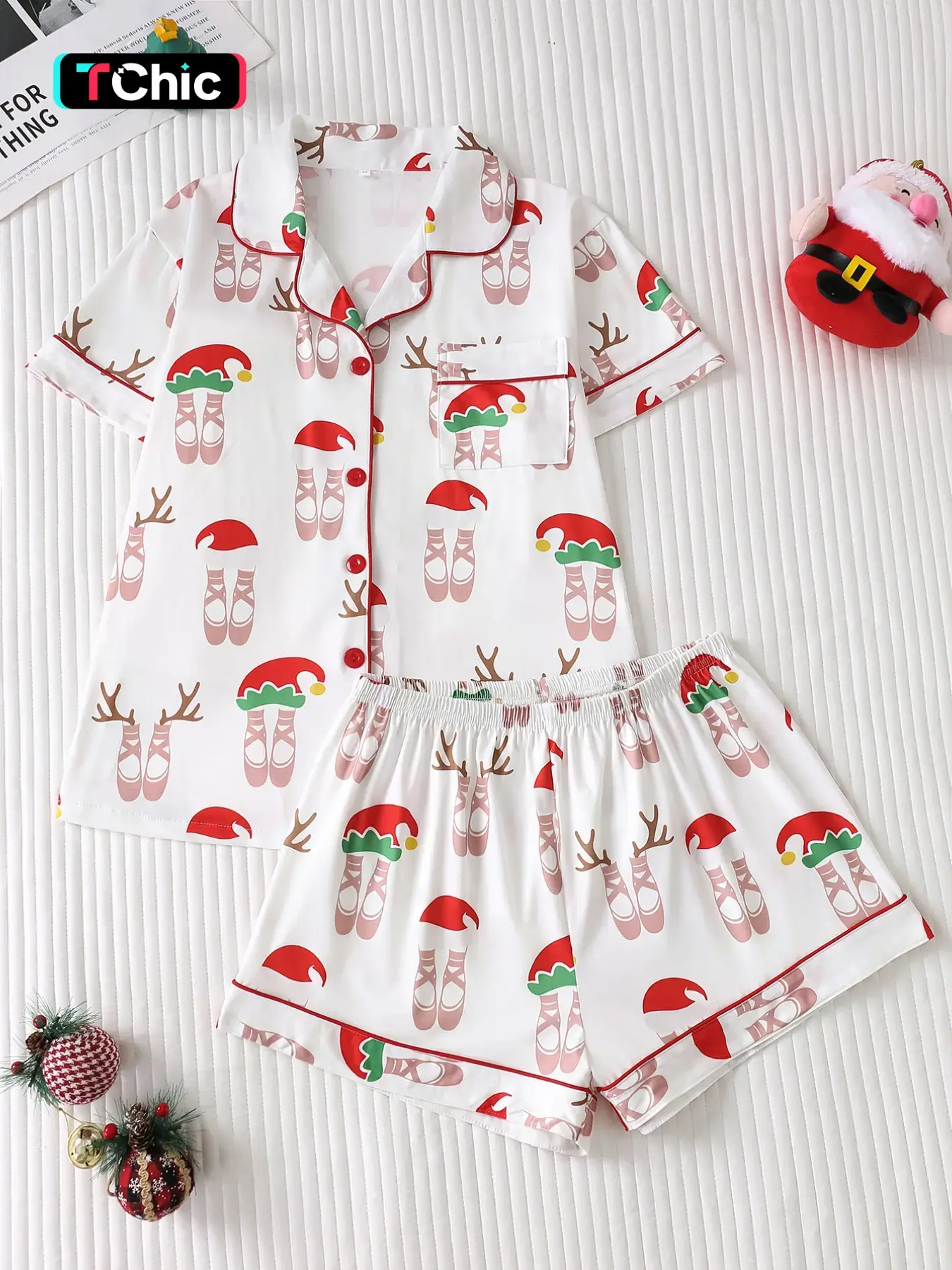 Women's Pajama Set with Deer Antler Hat and Ballet Shoe Pattern, Fitted Short Sleeve Top and Loose Comfortable Shorts, Casual All-Season Sleepwear Loungewear
