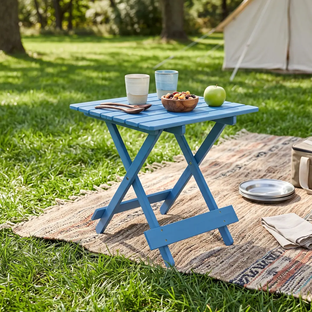 Folding Square Table Patio Outdoor solid wood Table for Backyard, Balcony, Portable Design Space-Saving Blue Color side