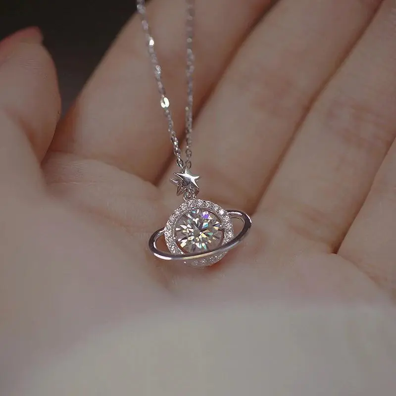 Elegant Planet Pendant Necklace for Women in 925 Sterling Silver, Dainty Saturn Choker, Birthday Gift Jewelry, Exquisite Charm, Charming Woman Pendant, Female, Short Chain, Adults
