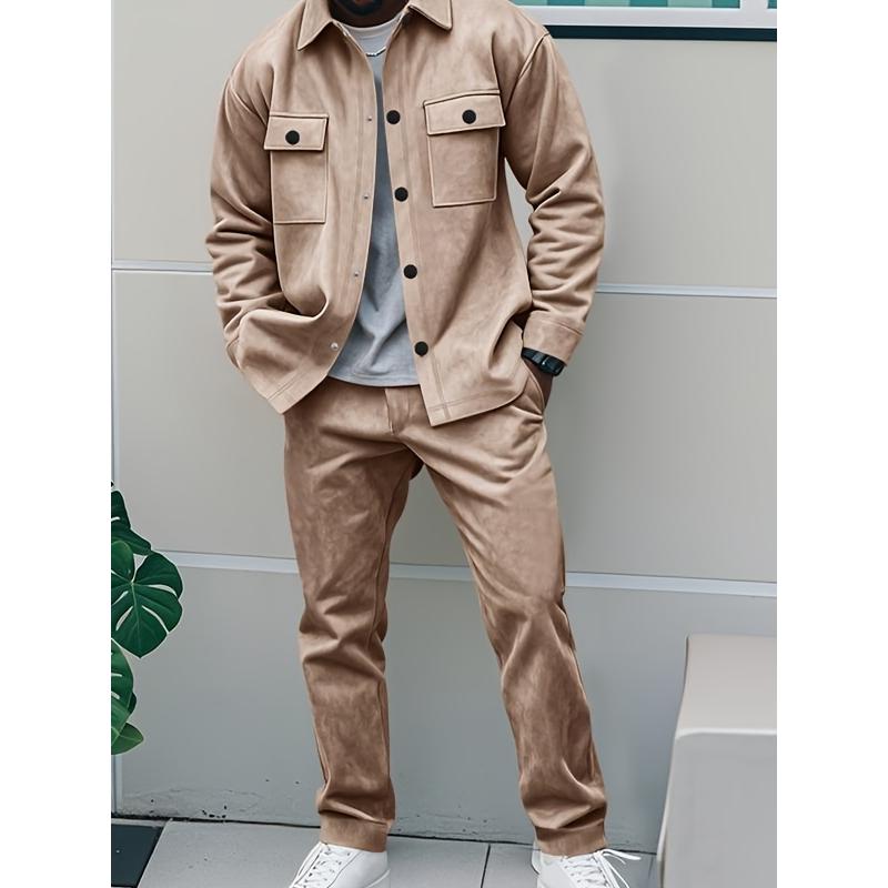 2pcs Men'S Casual Solid Color Sweatsuit Set, Polyester Knit Fabric with Slight Stretch, Regular Fit, with Lapel Collar, Button Details, for Spring/Fall - Fashionable American Style Workwear Jacket and Pants Combo