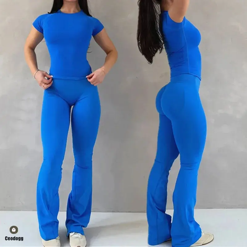 Women's 2-Piece Seamless Yoga Set - Compact Short-Sleeve Shirt, Flared Scrunch Butt Leggings, Backless Halter Crop Bra, Anti-Wrinkle Nylon Blend Yoga Wear for Gym Fitness Daily Outfit XP389