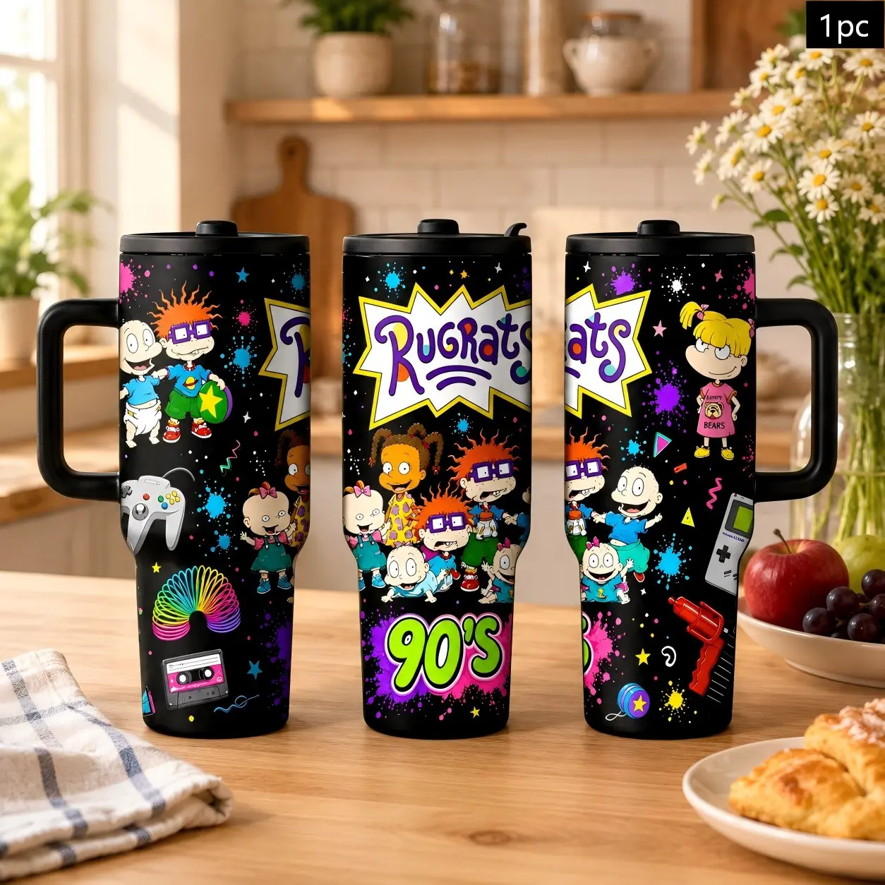 1PC 40oz 90s Retro Cartoon Baby Gang Pattern Insulated Tumbler with Handle & Straw, Double Wall Vacuum Leak-Proof Travel Mug, Hot 12H Cold 24H, Large Capacity Cup for Men Women Teens, Birthday Christmas Nostalgia Gift