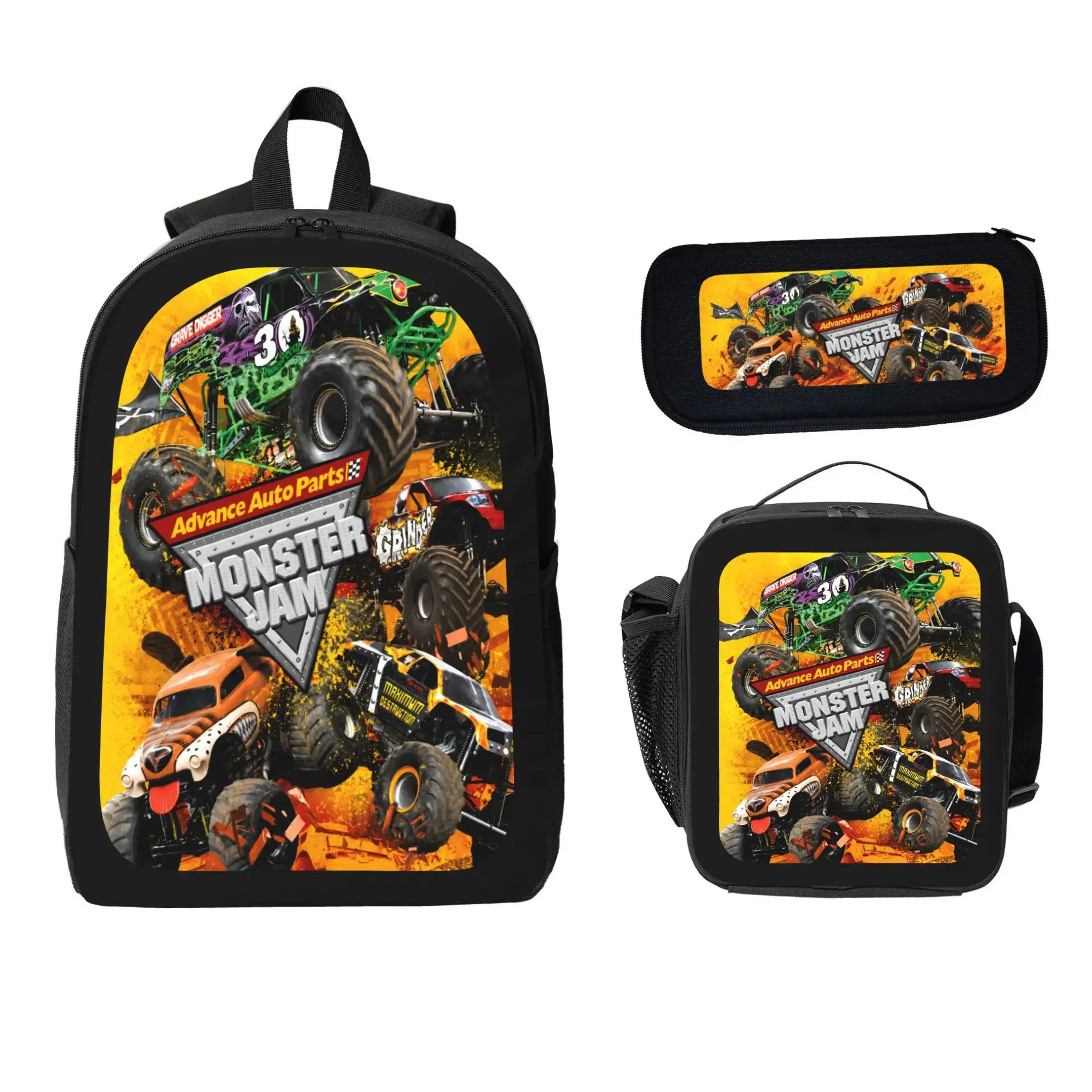 3-Piece Backpack Set for Kids, Sporty Monster Truck Print Polyester Bag with Lunch Box & Pencil Case, Large Capacity for Back to School & Weekend Trips, Back To School Haul, Daily Use Bags, Students, Lunch+Backpack, Roomy Fit