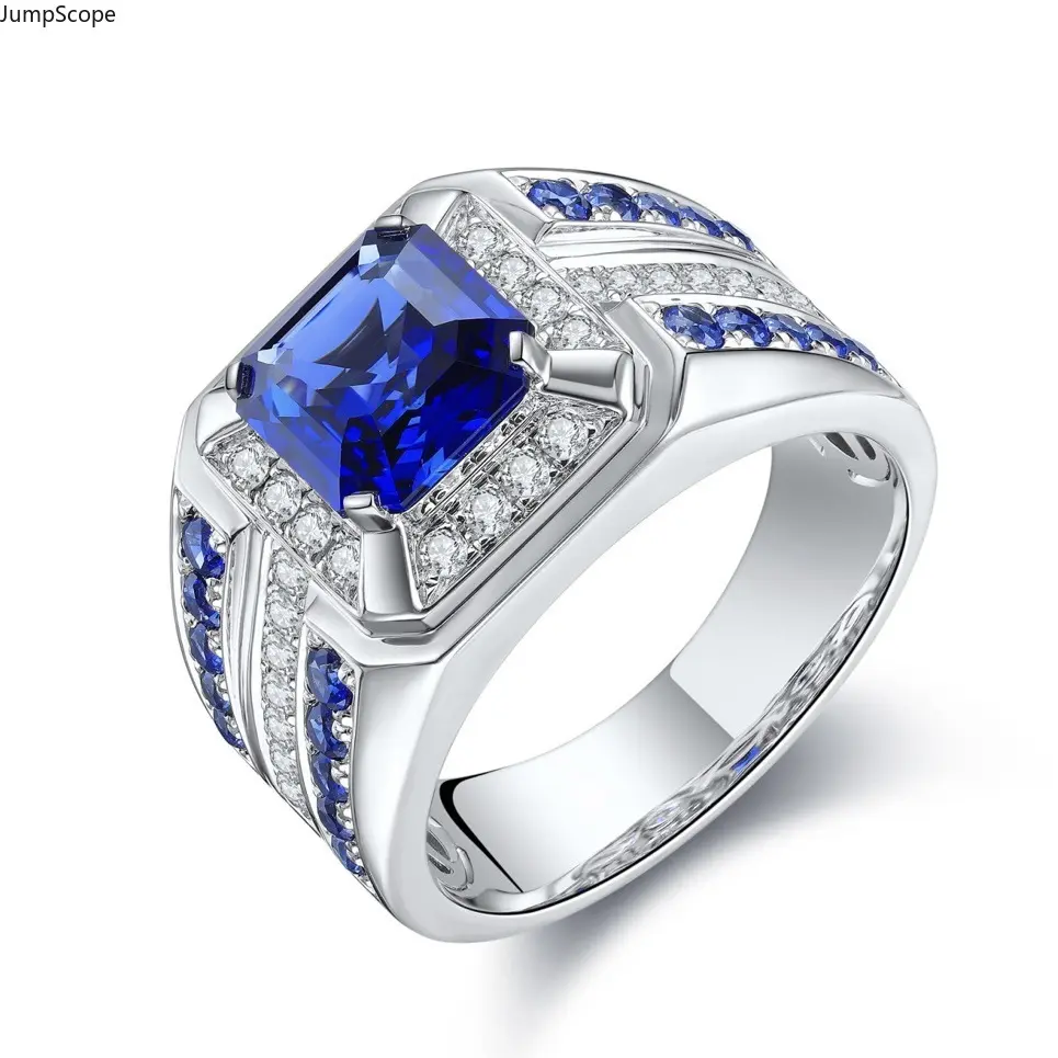 Silver Plated Men’s Square Blue Sapphire Cubic Zirconia Statement Ring, Multi-Row Pave Accent Stone Wide Band Signet Ring, Luxury Two-Tone Inlaid Finger Jewelry for Formal Occasions, Street Styling & Premium Gifting