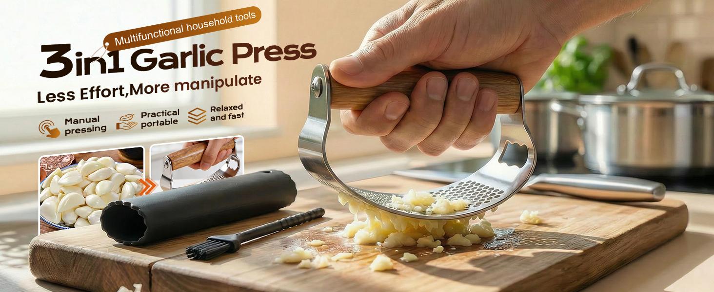 Upgraded Garlic Press Rocker, Manual Garlic Presser with Peeler, Wide Handle Garlic Chopper Grinder for Home Kitchen Gadgets Tools (1PC)