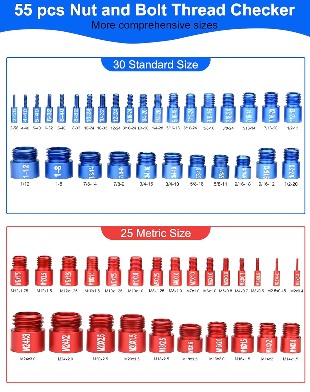 55 count Thread Checker, Nut and Bolt Measuring Tool(25 Metric & 30 Standard), Bolt Size and Thread Gauge Finder with Storage Box, Suitable for inspecting in Narrow and Tricky Areas