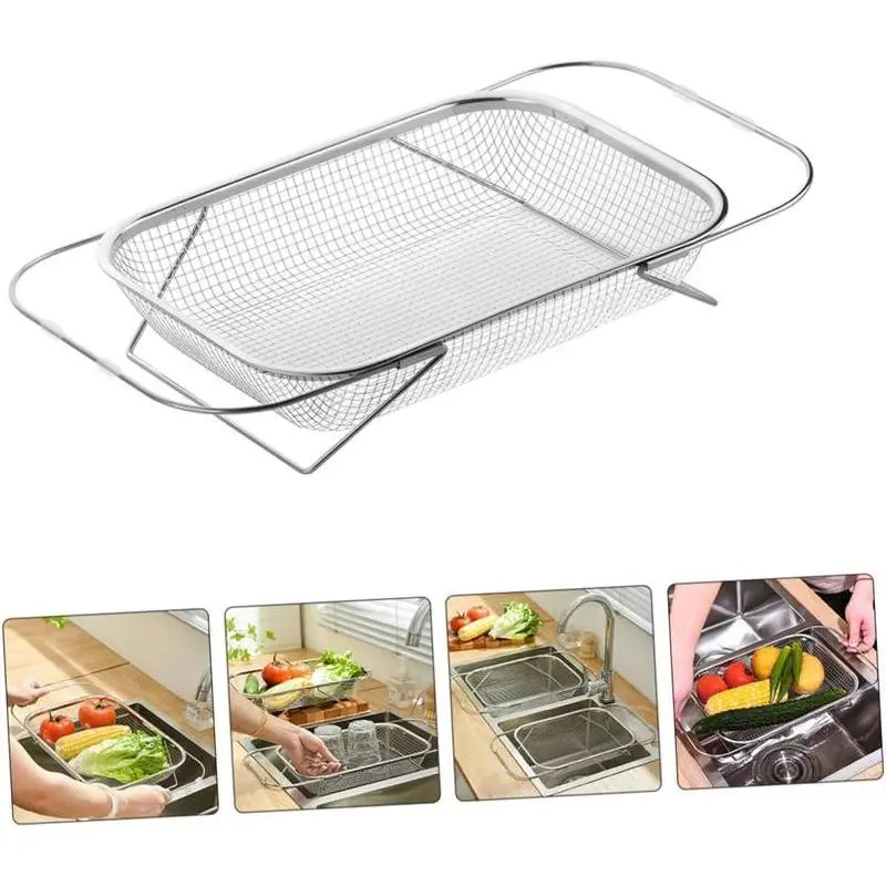 Stainless Steel Over-The-Sink Colander Strainer Basket - Expandable Mesh, Rectangle Shape, Fine Mesh, Handles, Silver Kitchen Supply for Sink (dealsforyou summerwins) fruit